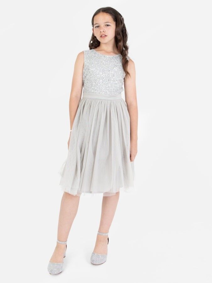 Vestido midi de lentejuelas delicadas en gris suave Mini Maya con lazo