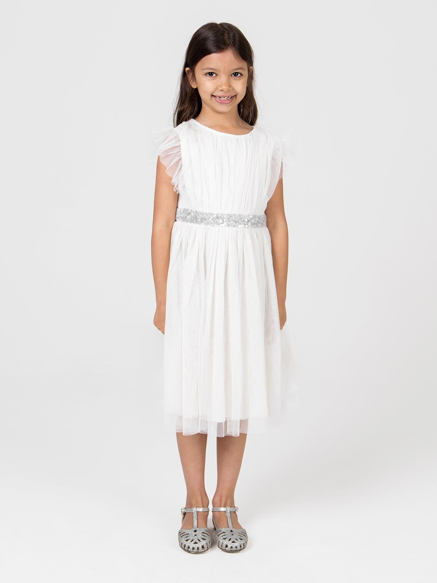 Robe midi ivoire Mini Maya à manches à volants et taille ornée