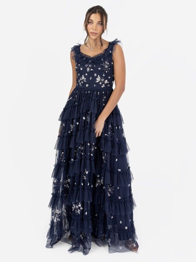 Robe longue sans manches à volants Maya Navy ornée