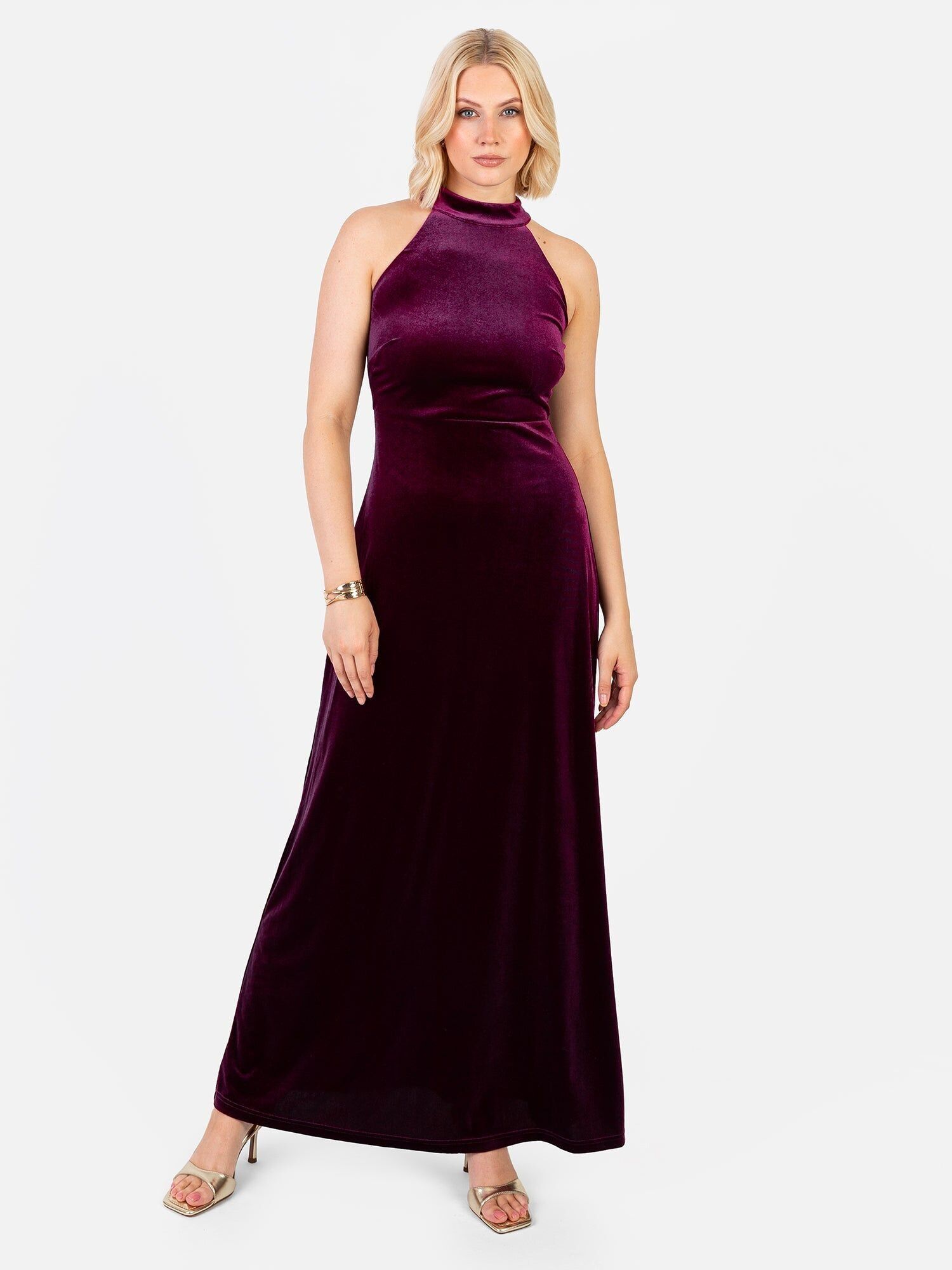 Robe longue en velours violet Maya à col halter