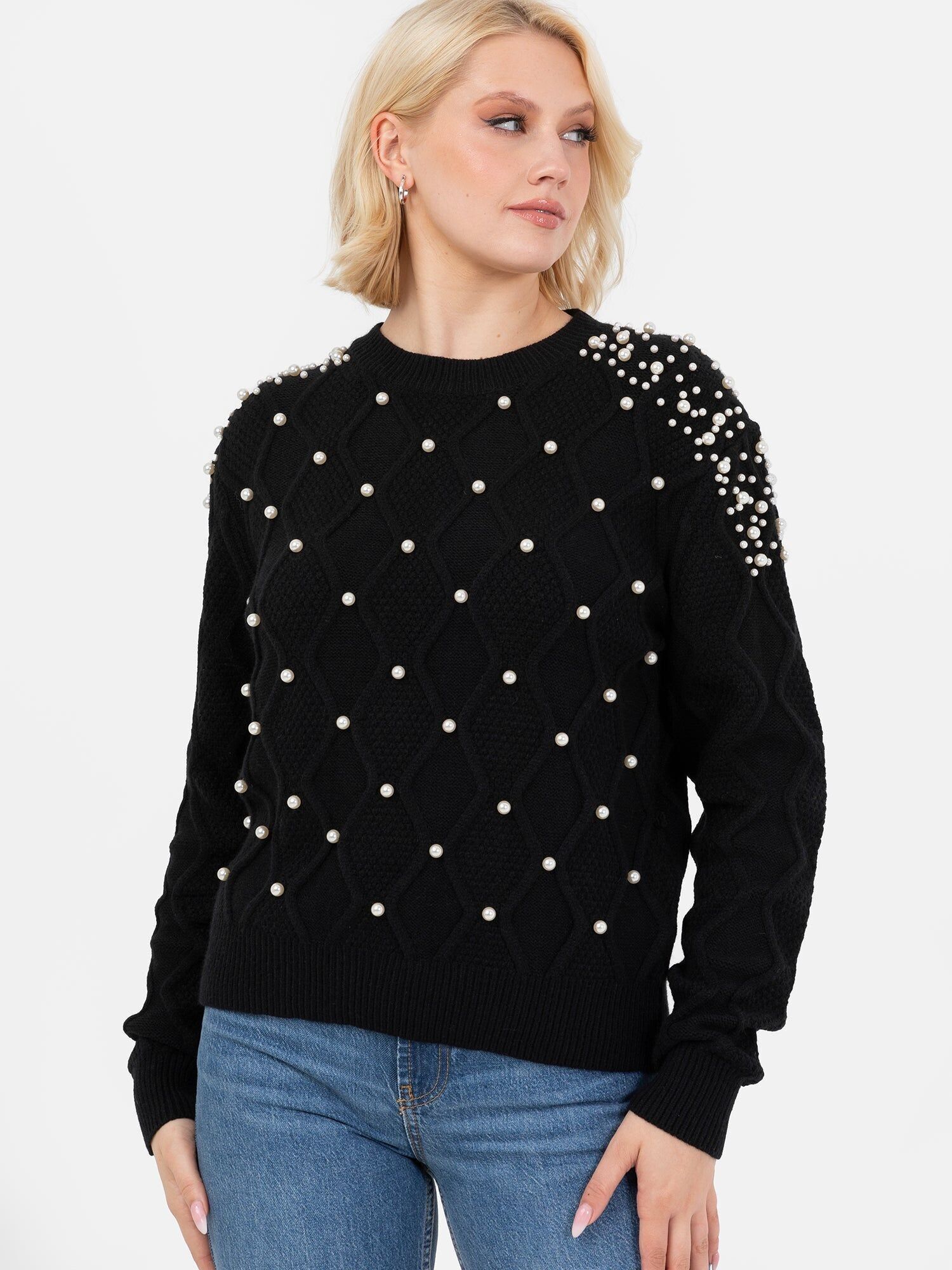 Pull en maille torsadée noire orné de perles Lovedrobe