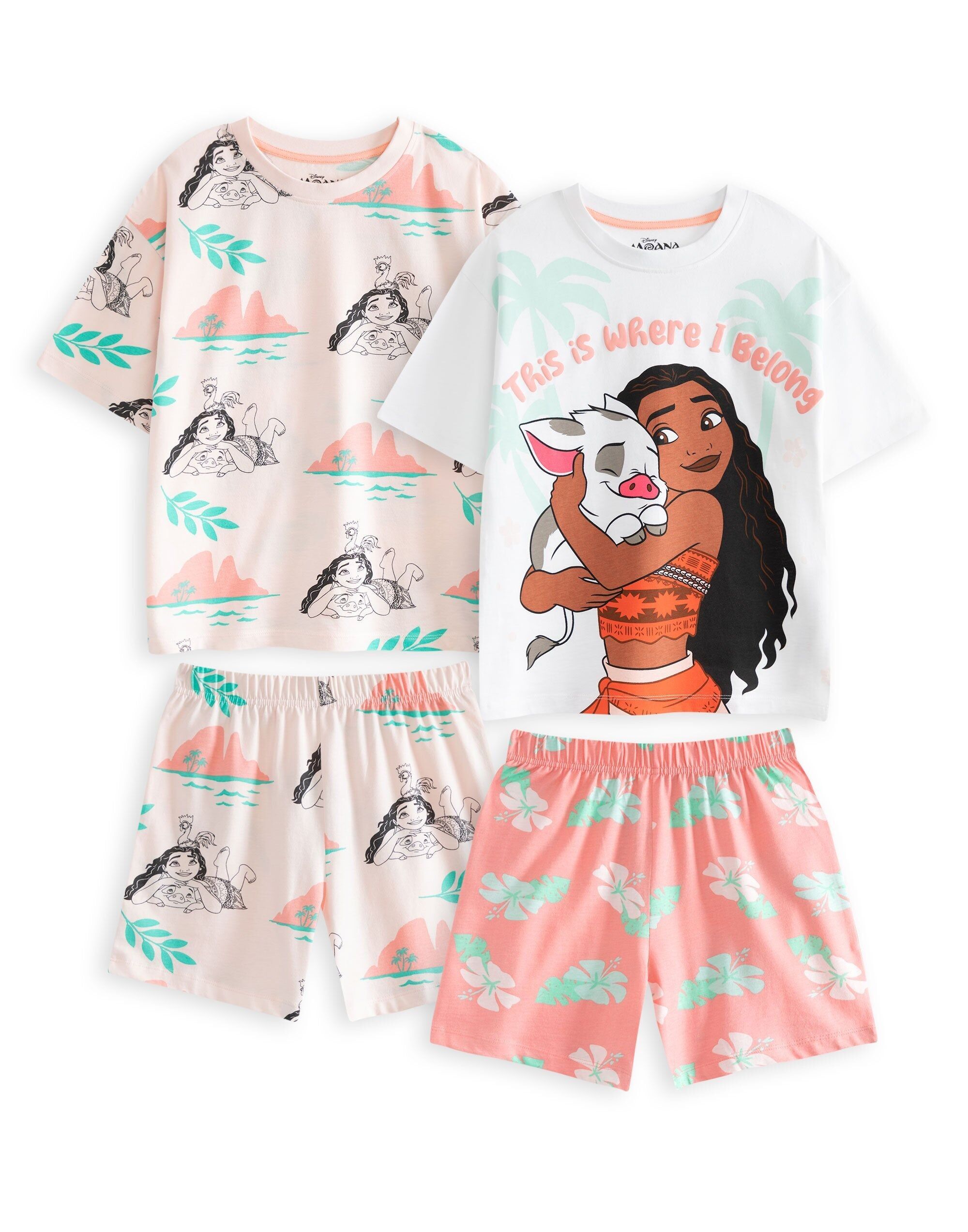 Ensemble pyjama Disney Moana pour filles, multicolore, avec plusieurs personnages, lot de 2, manches courtes et jambes courtes