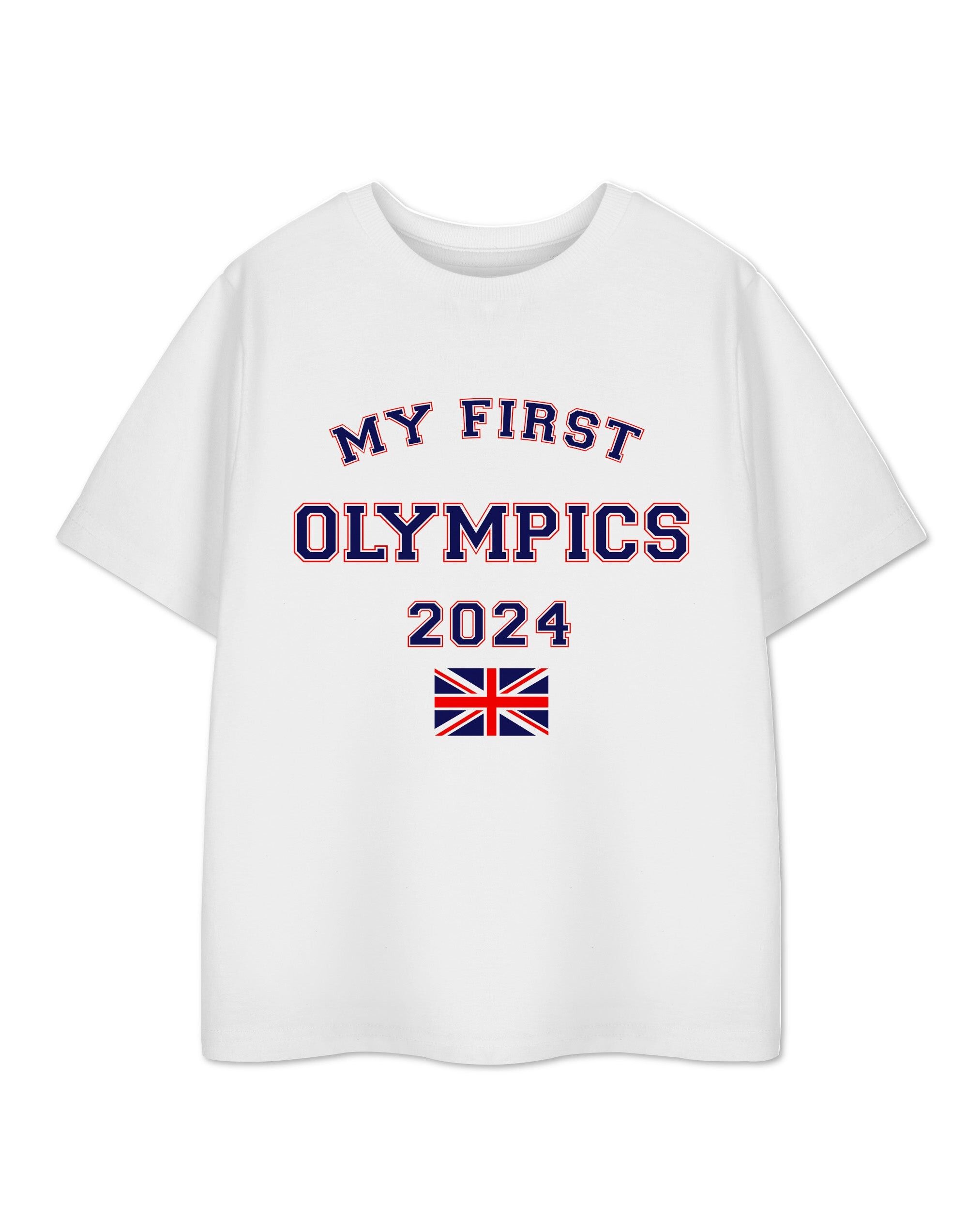 T-shirt unisexe blanc à manches courtes Show Me The Merch pour enfants « Mes premiers Jeux olympiques »