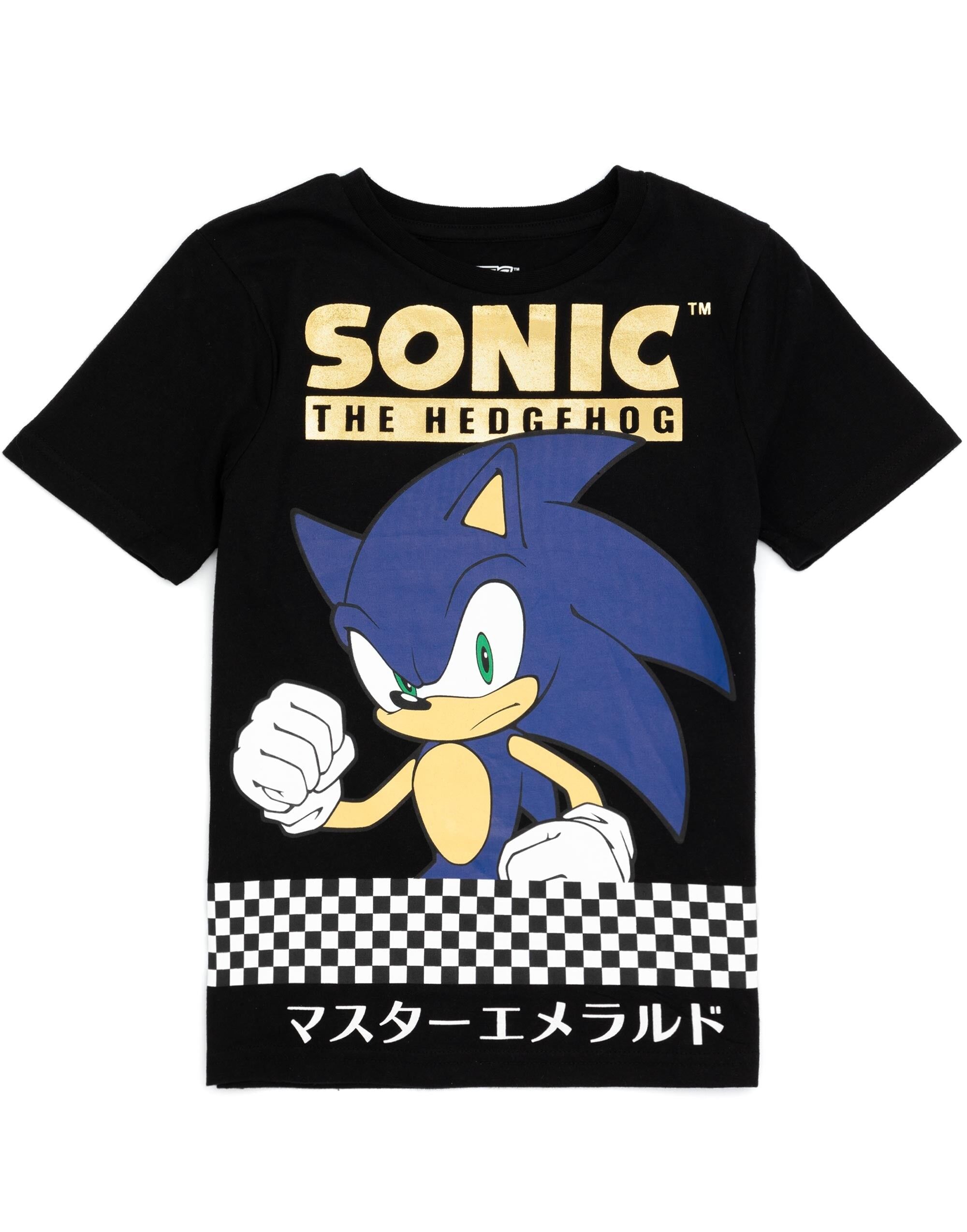 T-shirt à manches courtes Sonic le Hérisson pour garçon, noir, imprimé texte japonais