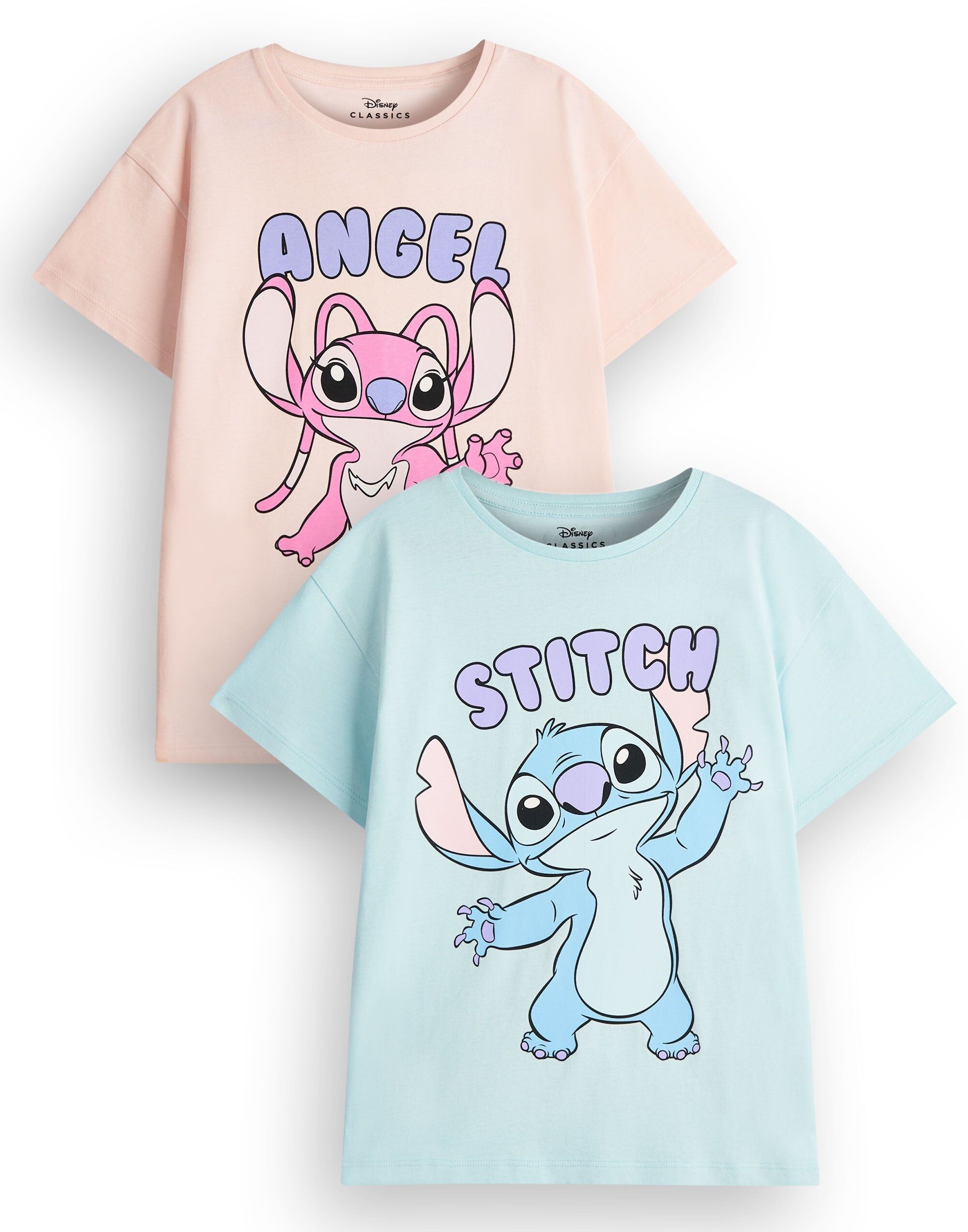 Lot de 2 t-shirts à manches courtes multicolores Disney pour filles, motif Stitch et ange