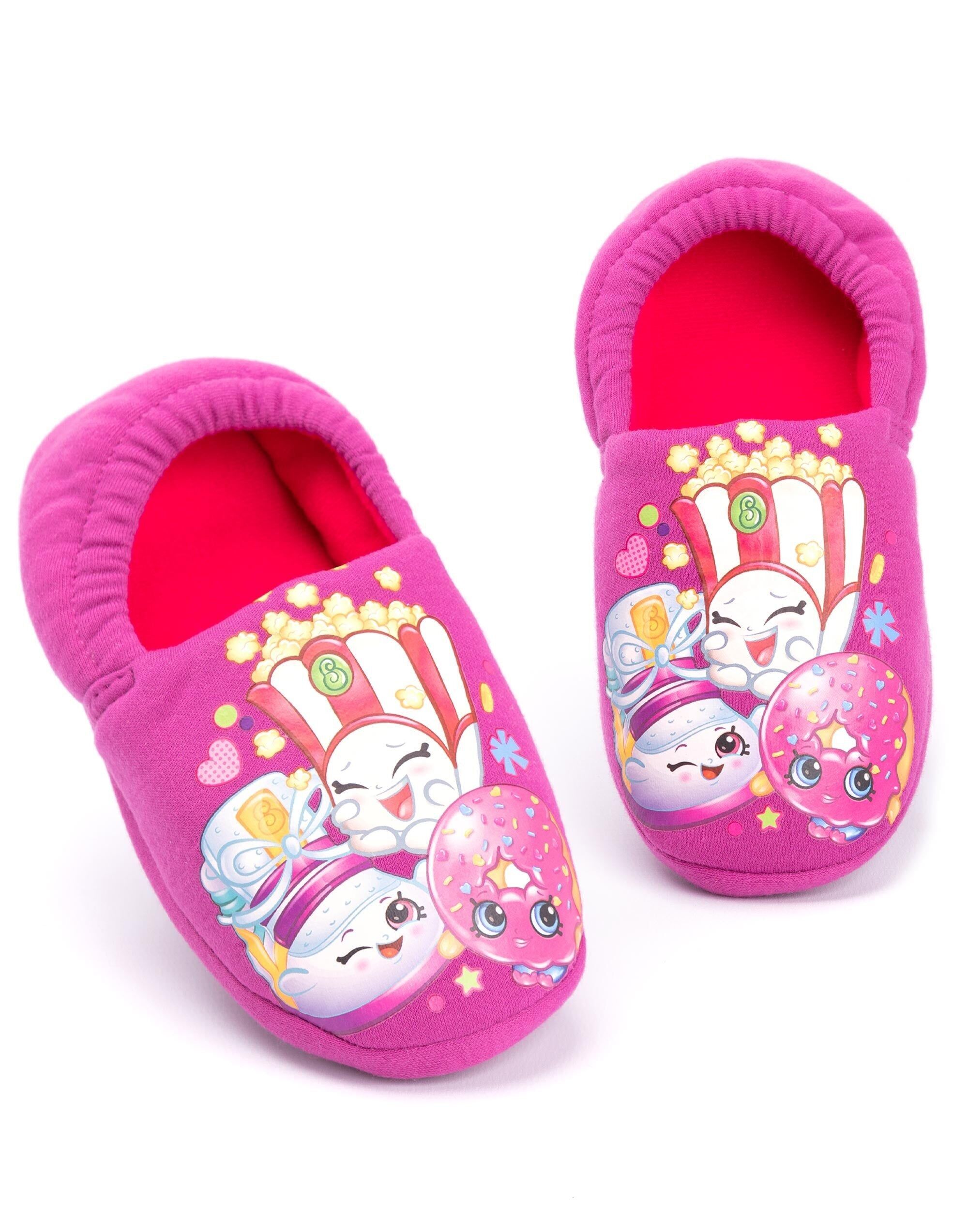 Pantuflas tipo mocasín para niñas de Shopkins con diseño de amapolas rosas y donas D'Lish
