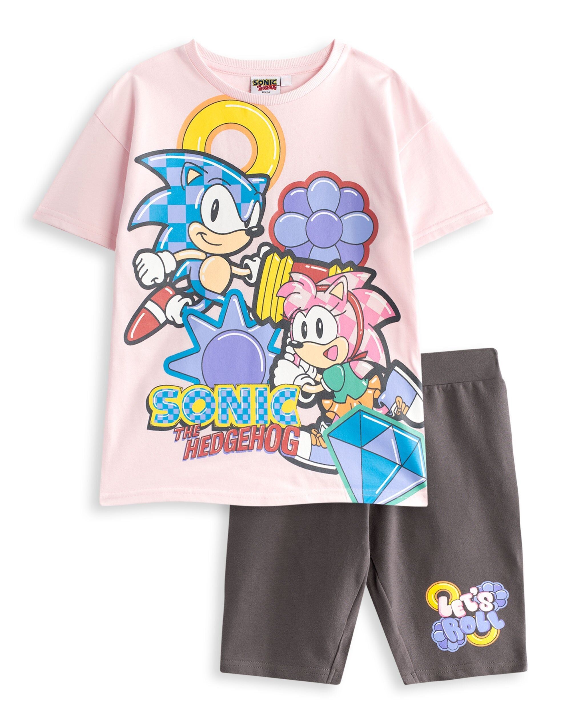 Ensemble T-shirt et short Sonic le Hérisson pour filles, rose pastel diamant