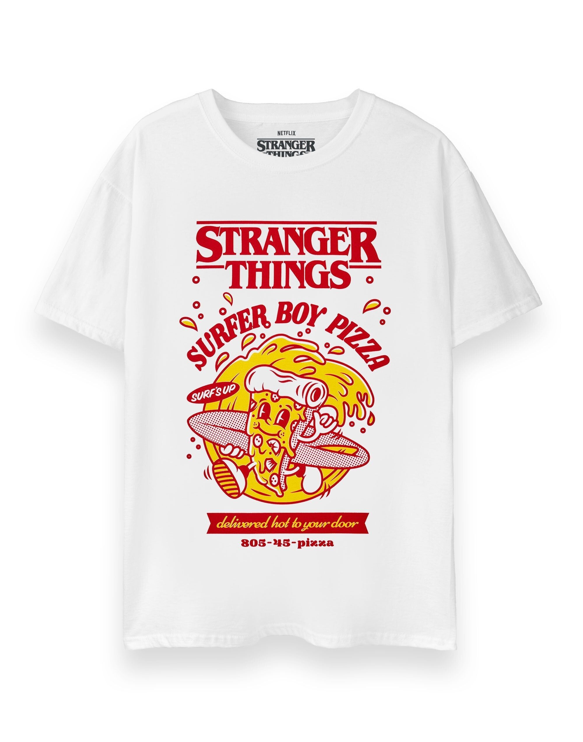 Camiseta unisex de manga corta blanca con diseño de pizza de Stranger Things
