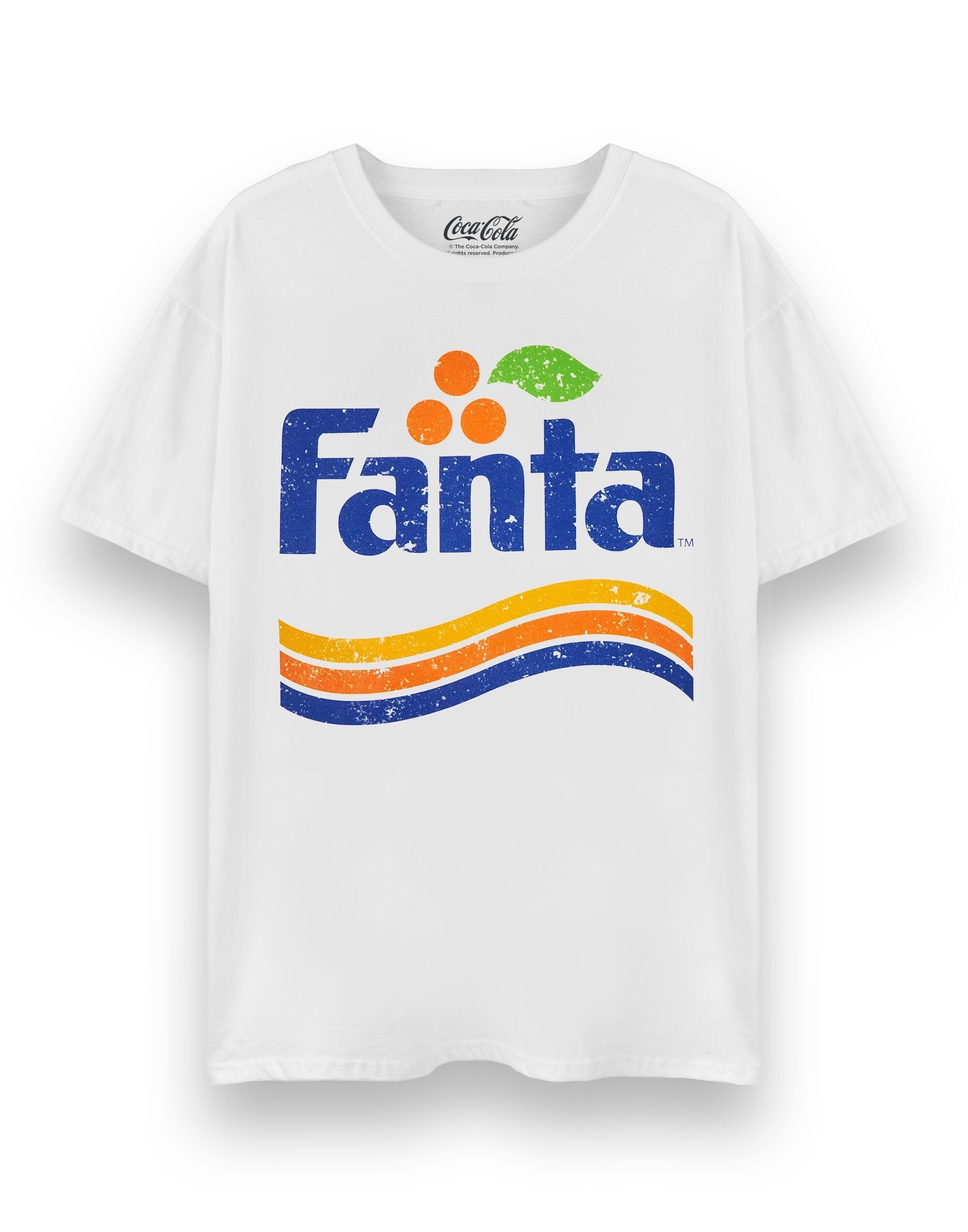 Camiseta unisex de manga corta blanca con logotipo desgastado de Coca Cola Fanta