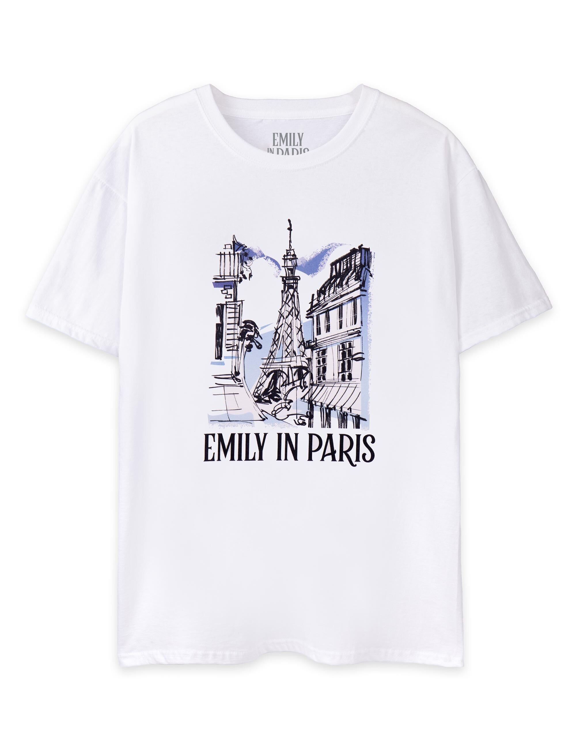 T-shirt à manches courtes blanc Emily In Paris pour femme, motif paysage urbain esquissé