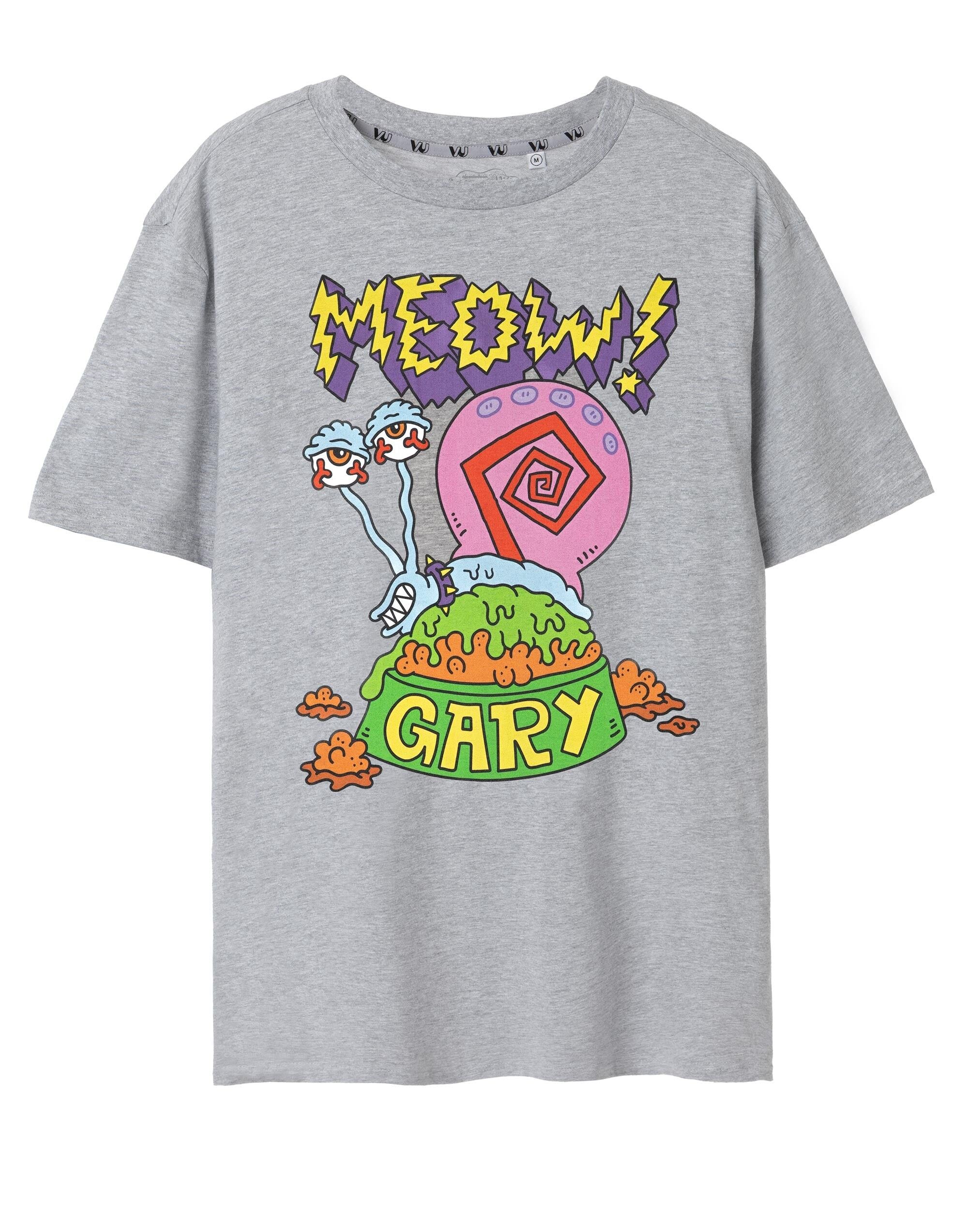 Camiseta gris de manga corta de Bob Esponja para hombre con el logo de Meow Gary
