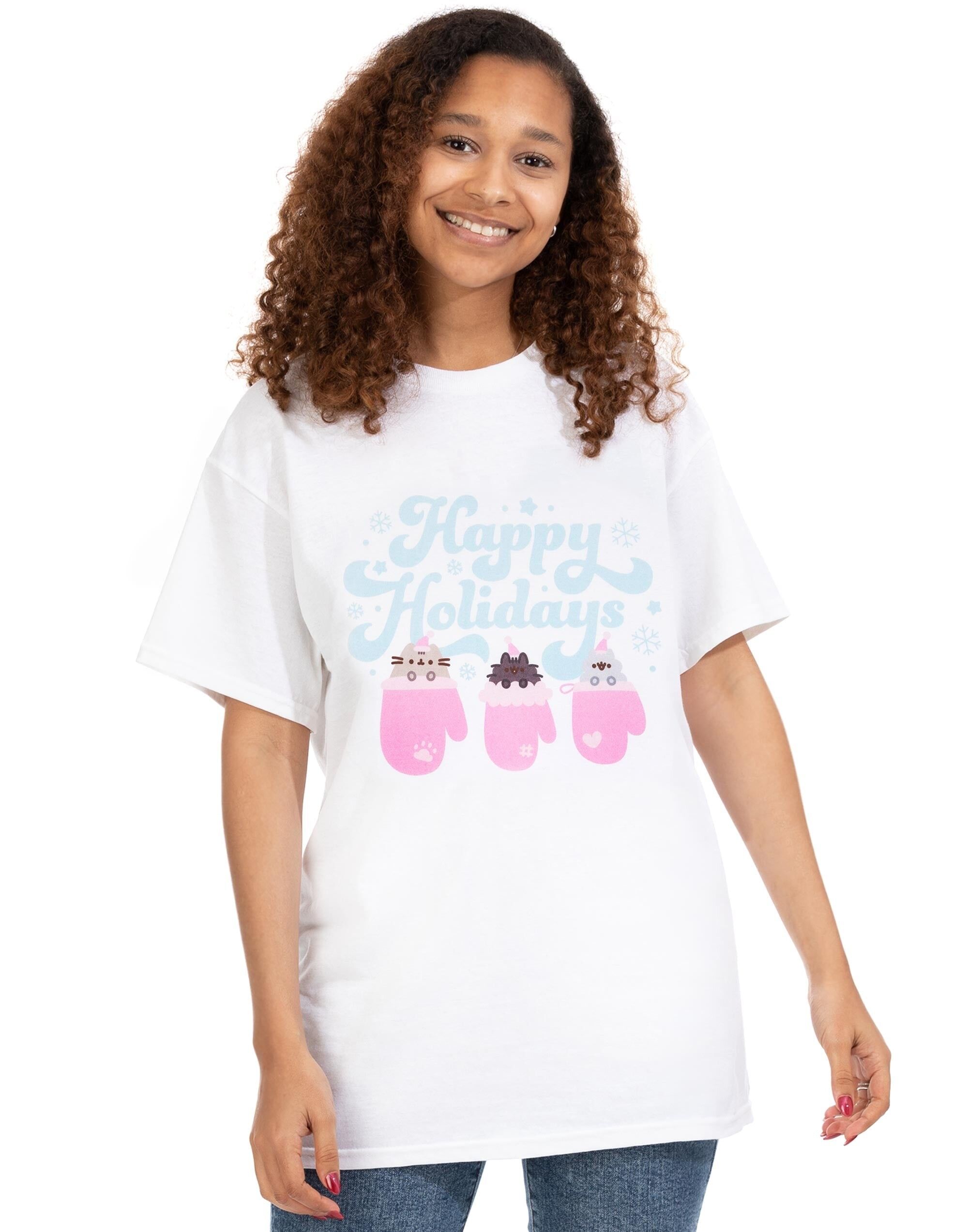 T-shirt à manches courtes Pusheen pour femme, blanc, « Joyeuses fêtes »