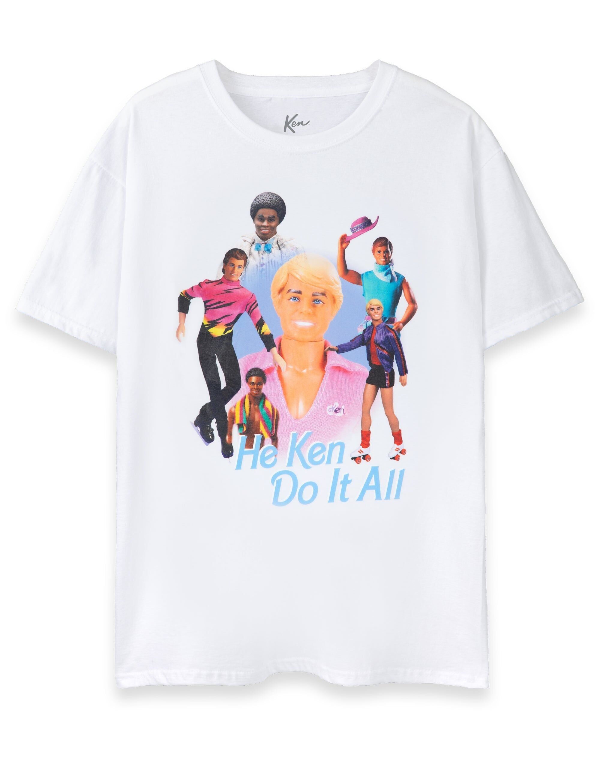 Camiseta blanca de manga corta "He Ken Do It All" de Barbie para hombre