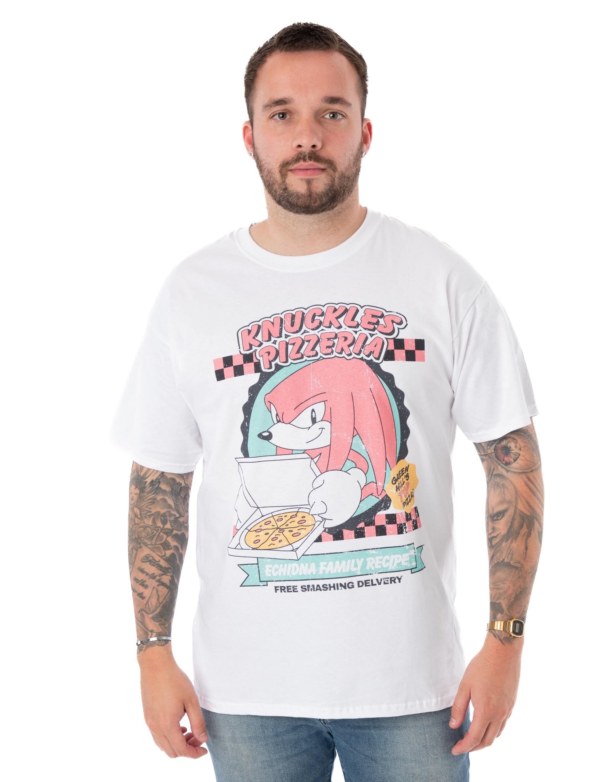 Camiseta de manga corta de Sonic the Hedgehog para hombre con diseño de pizza y nudillos blancos