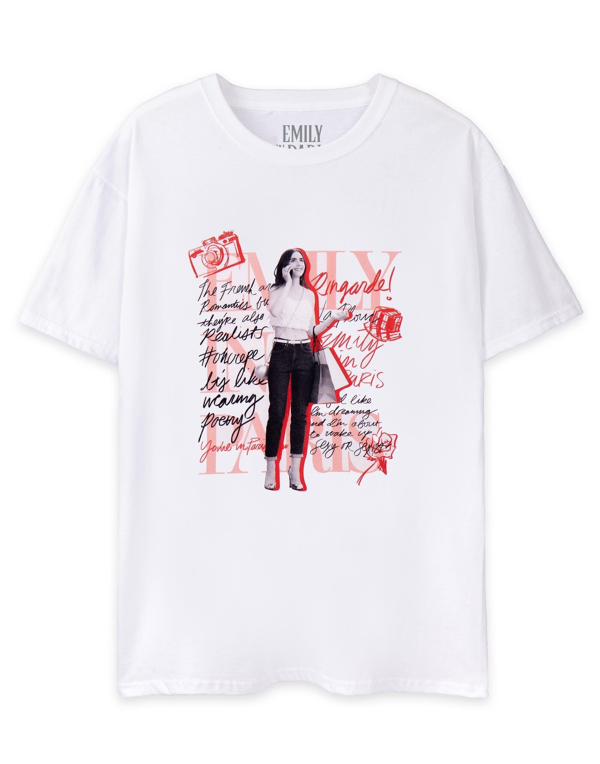 Camiseta blanca de manga corta con tipografía monocromática Emily In Paris para mujer