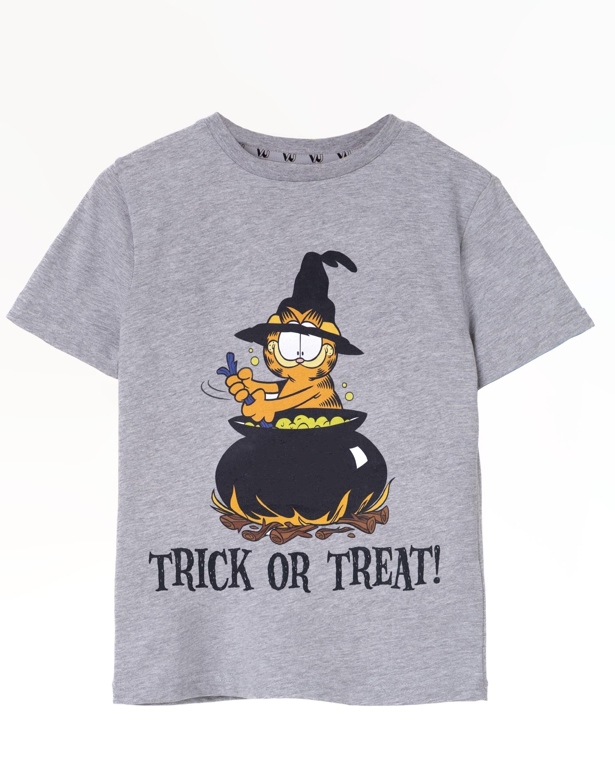 Camiseta unisex infantil de manga corta gris con texto "Truco o trato" de Garfield