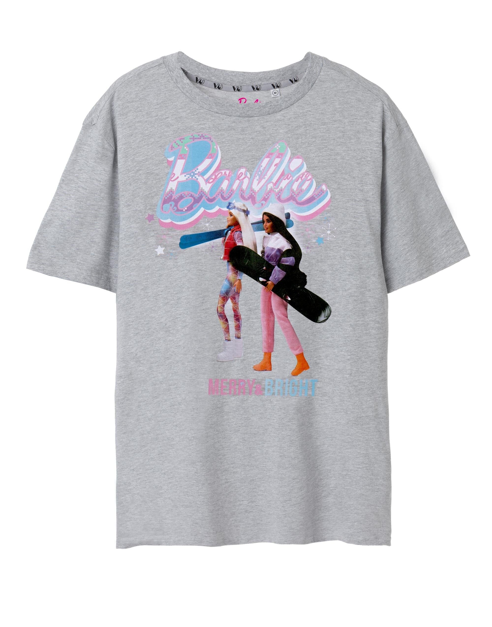 Camiseta de manga corta gris Merry & Bright de Barbie para mujer