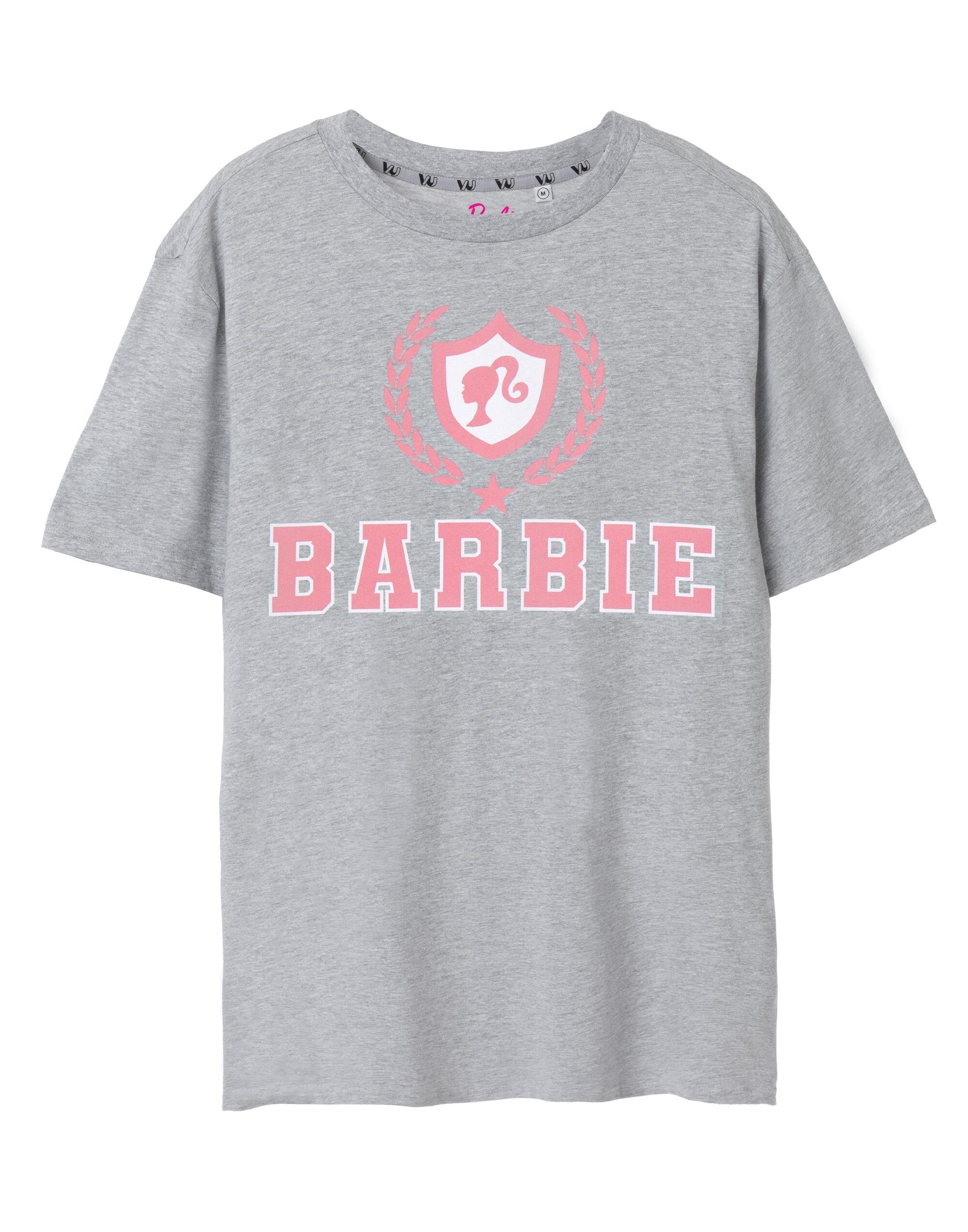 Camiseta de manga corta gris con logo universitario de Barbie para mujer