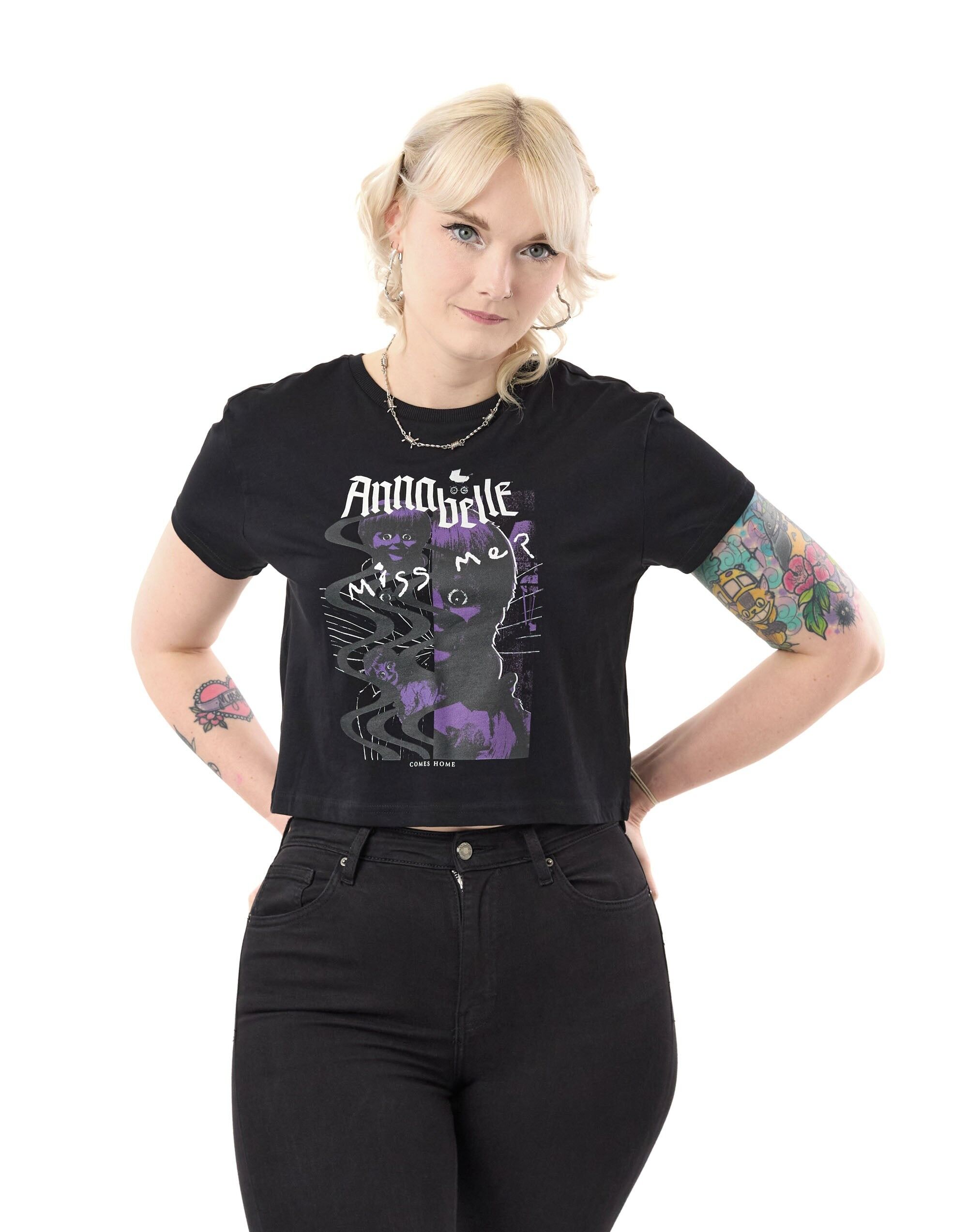 Camiseta corta de manga corta Annabelle para mujer, color negro