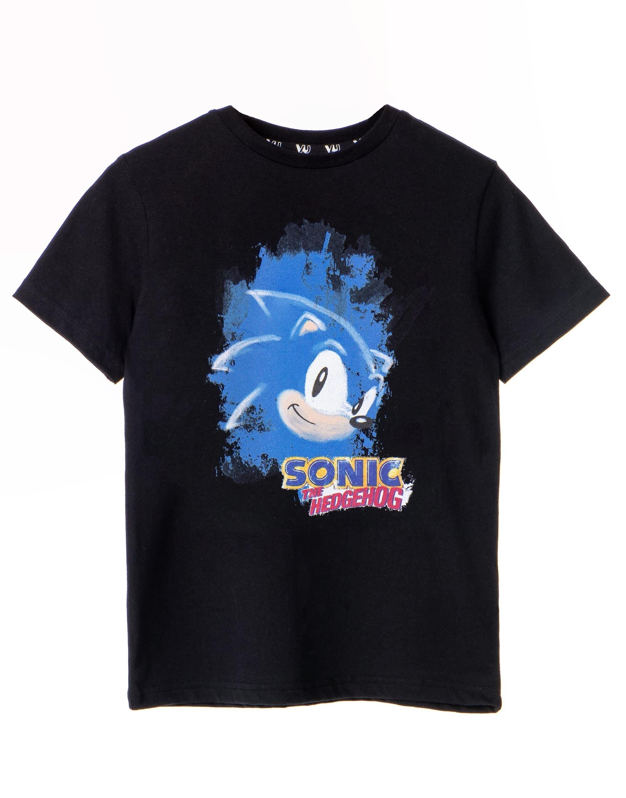 Camiseta de manga corta negra con acuarela de Sonic the Hedgehog para niño