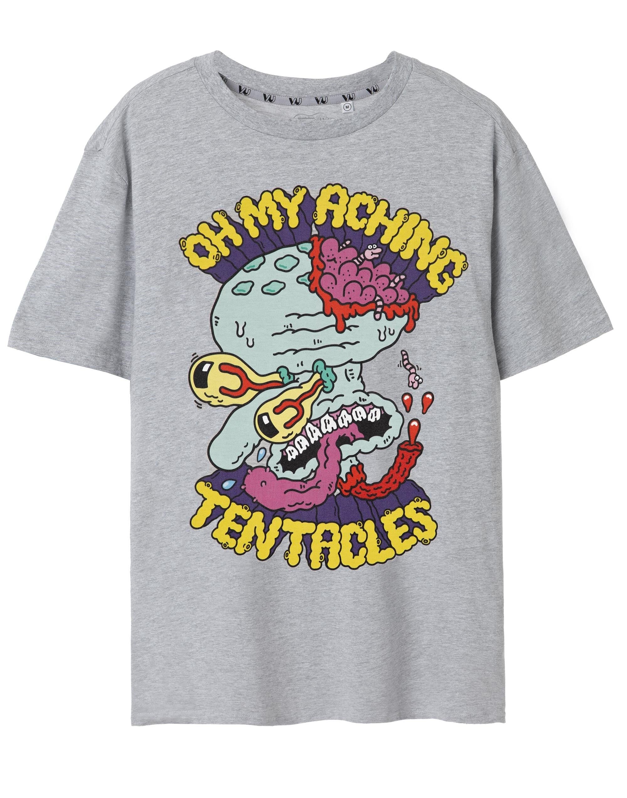 Camiseta gris de manga corta de Bob Esponja y Calamardo con tentáculos doloridos para hombre