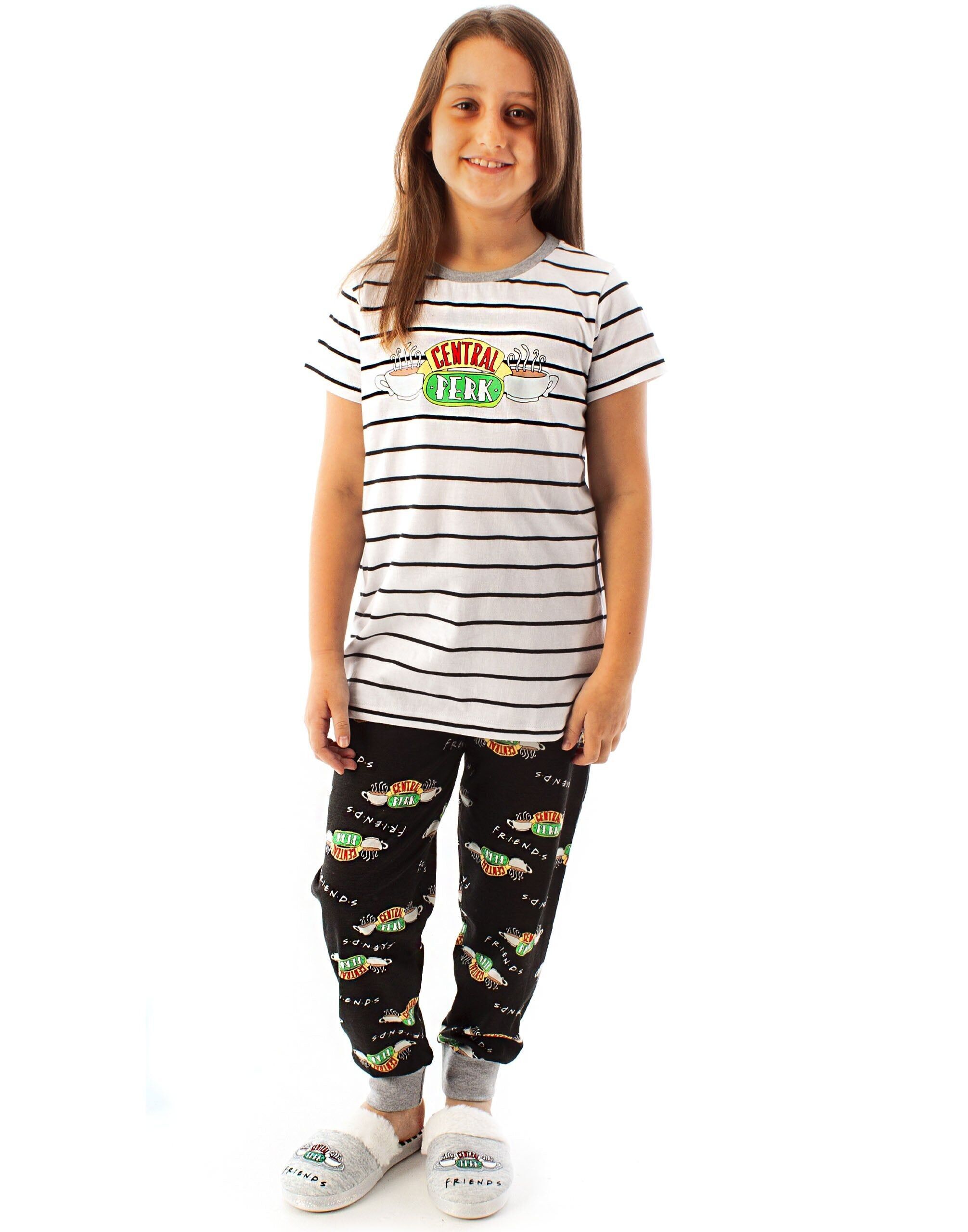 Pijama unisex para niños de Friends, color blanco, con estampado integral y ubicación del logotipo de Central Perk, manga corta y pierna larga