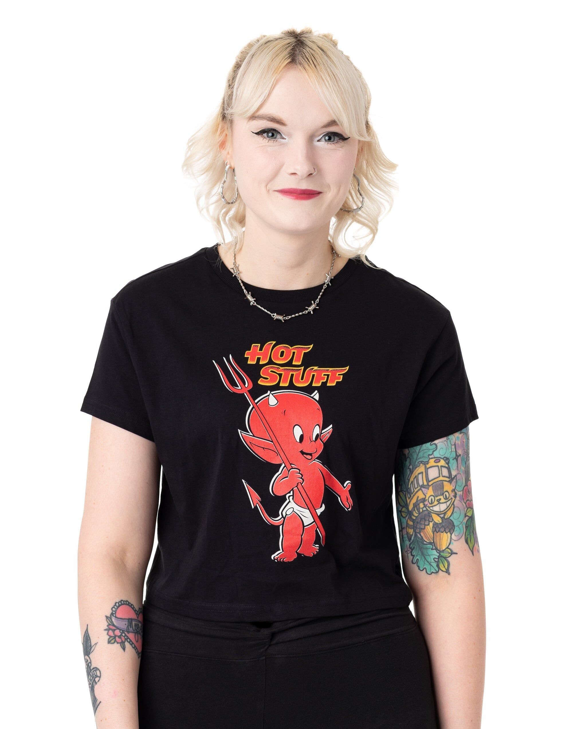 Camiseta corta negra de manga corta Hot Stuff para mujer