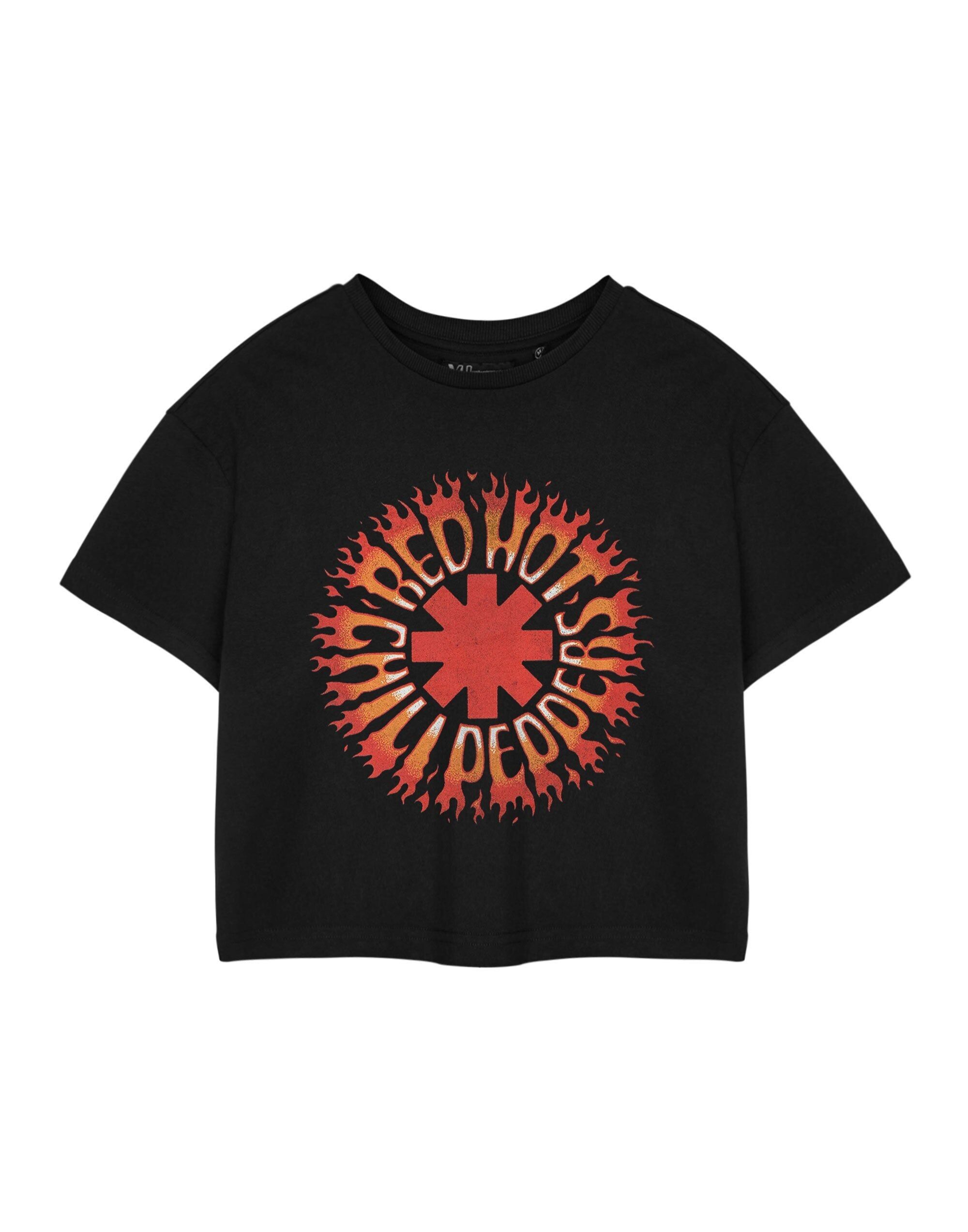Camiseta corta de manga corta con llamas negras de los Red Hot Chili Peppers para mujer