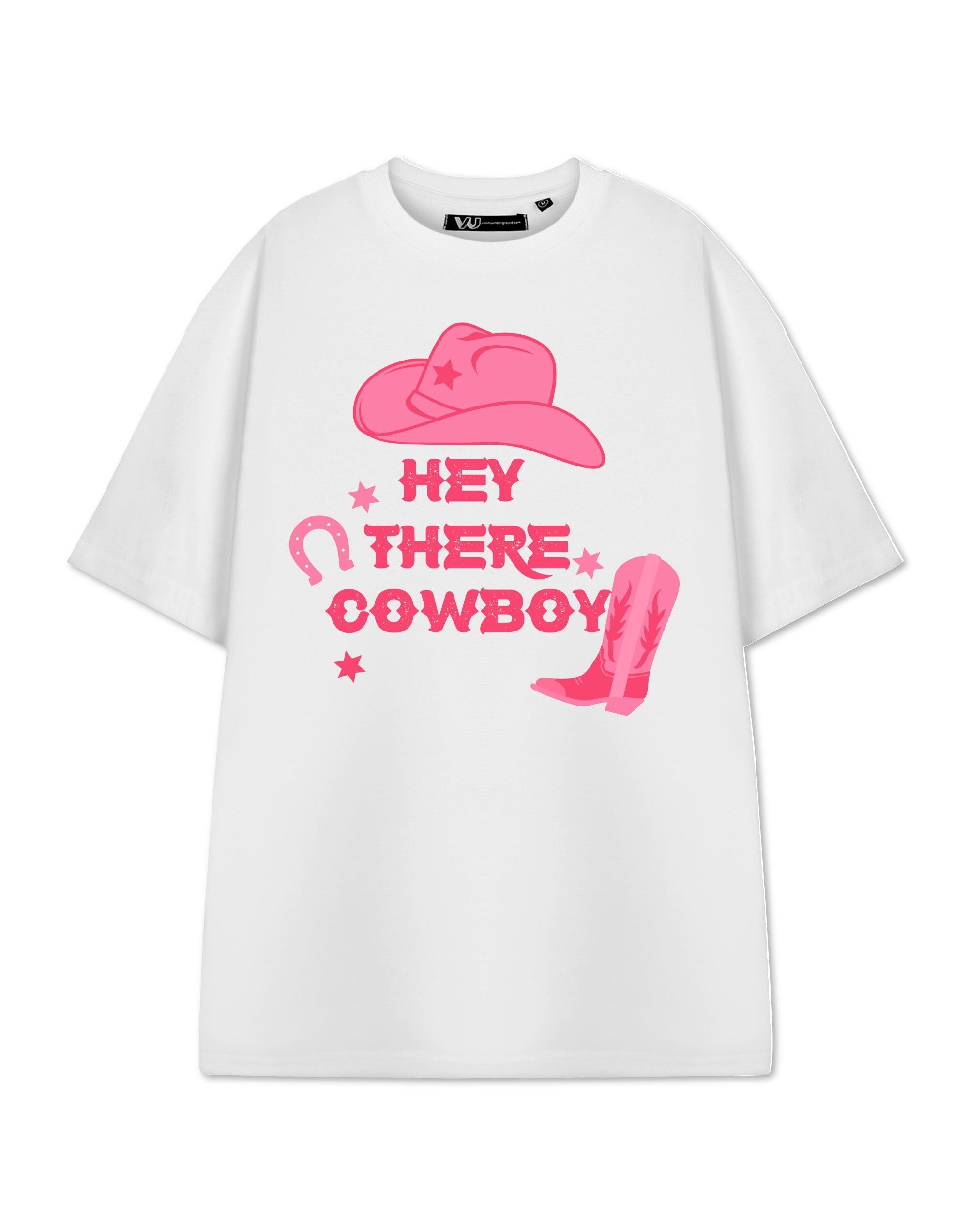 Show Me The Merch - Camiseta blanca de manga corta para mujer con el logo de vaquero "Hey There"