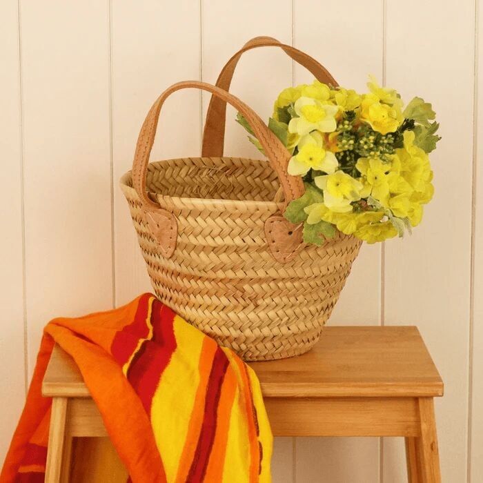 Petite French-Inspired Woven Market Basket with Leather Handles