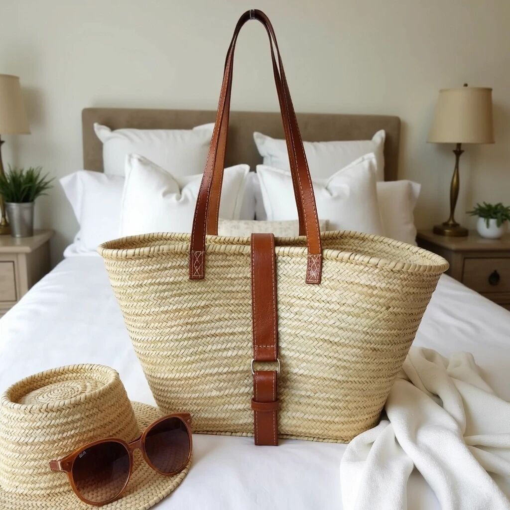 Moroccan Leather Strap Straw Shoulder Bag – Handwoven Natural Beach Tote 👜✨