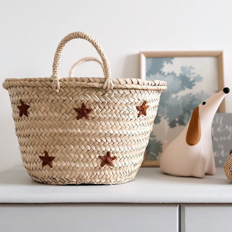 Handwoven Basket with Embroidered Stars – Moroccan Artisan Storage & Décor