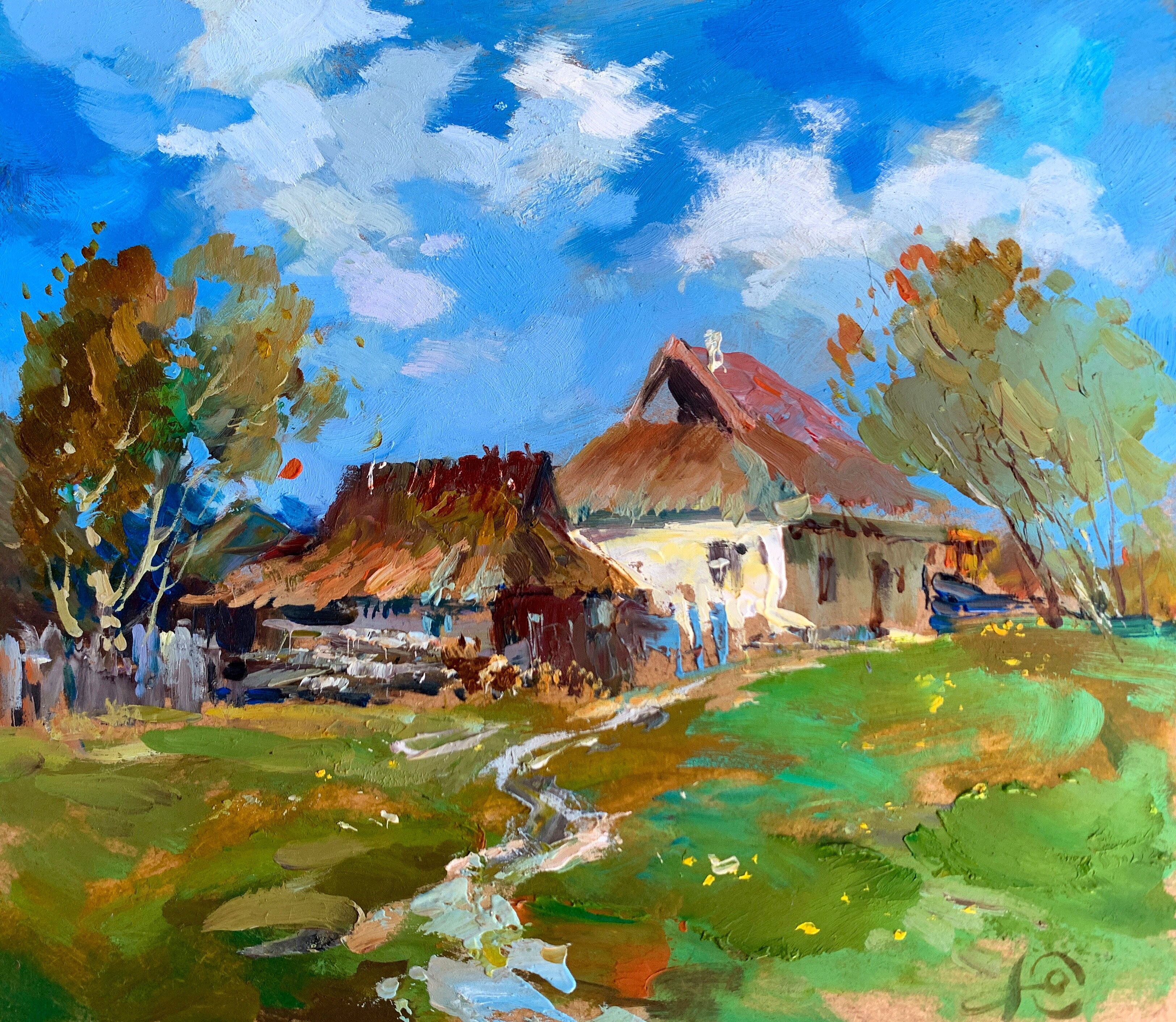 Pintura al óleo Tranquilidad del pueblo Yuriy Suprunchuk 20x23cm