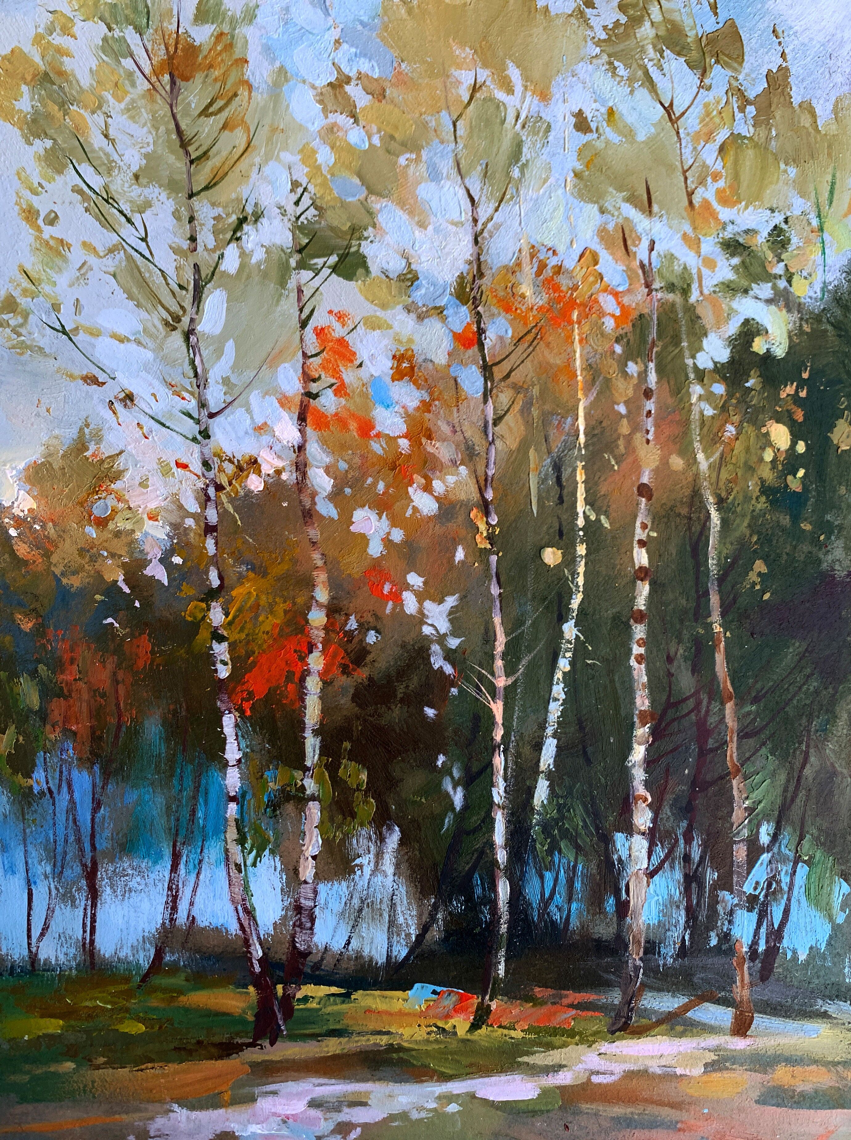 Pintura al óleo Bosque otoñal de abedules Yuriy Suprunchuk 23x31cm