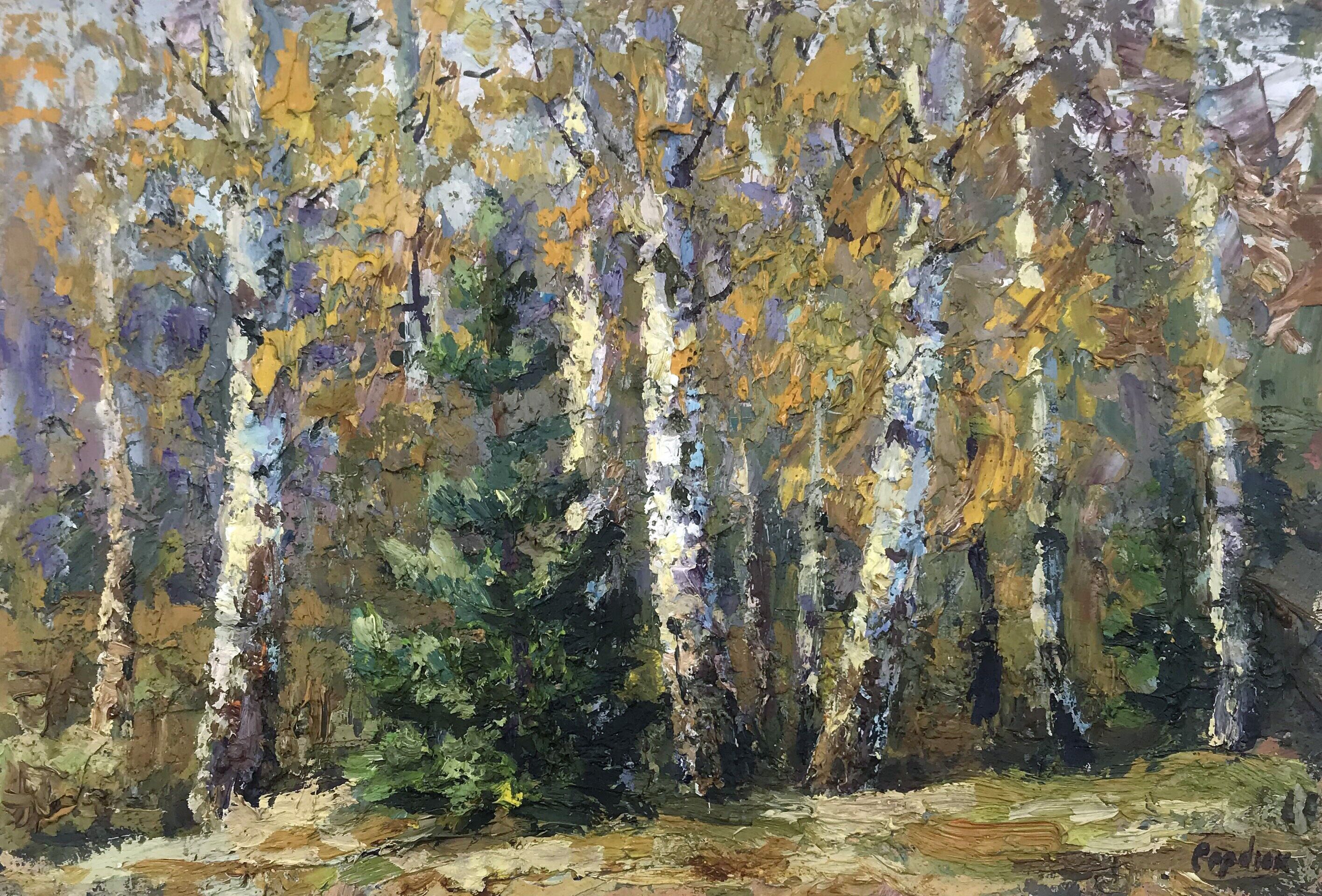 Pintura al óleo "Abedules" de Boris Serdyuk, 18 x 28 cm