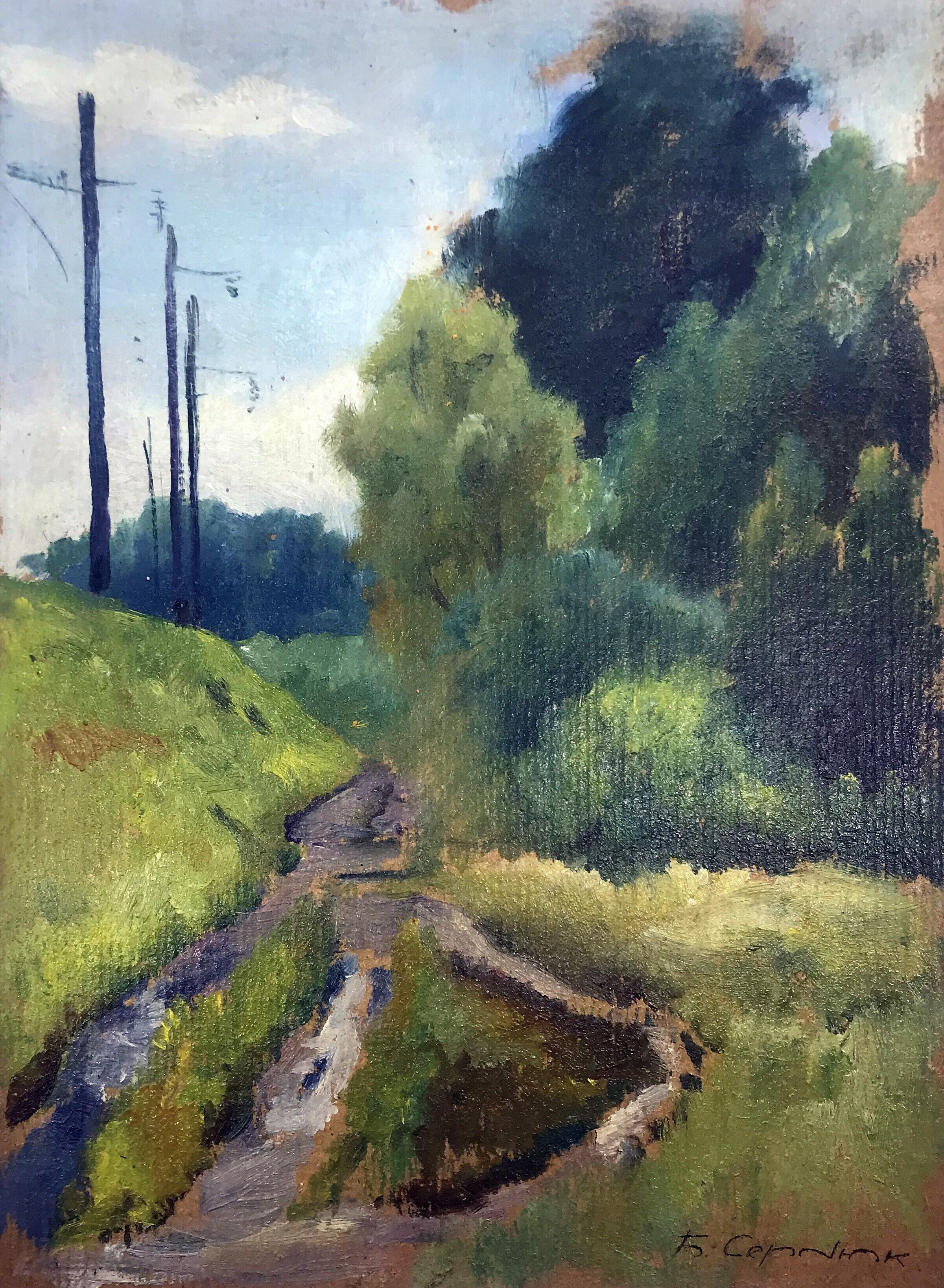 Pintura al óleo Montículo ferroviario Boris Serdyuk 30x21cm