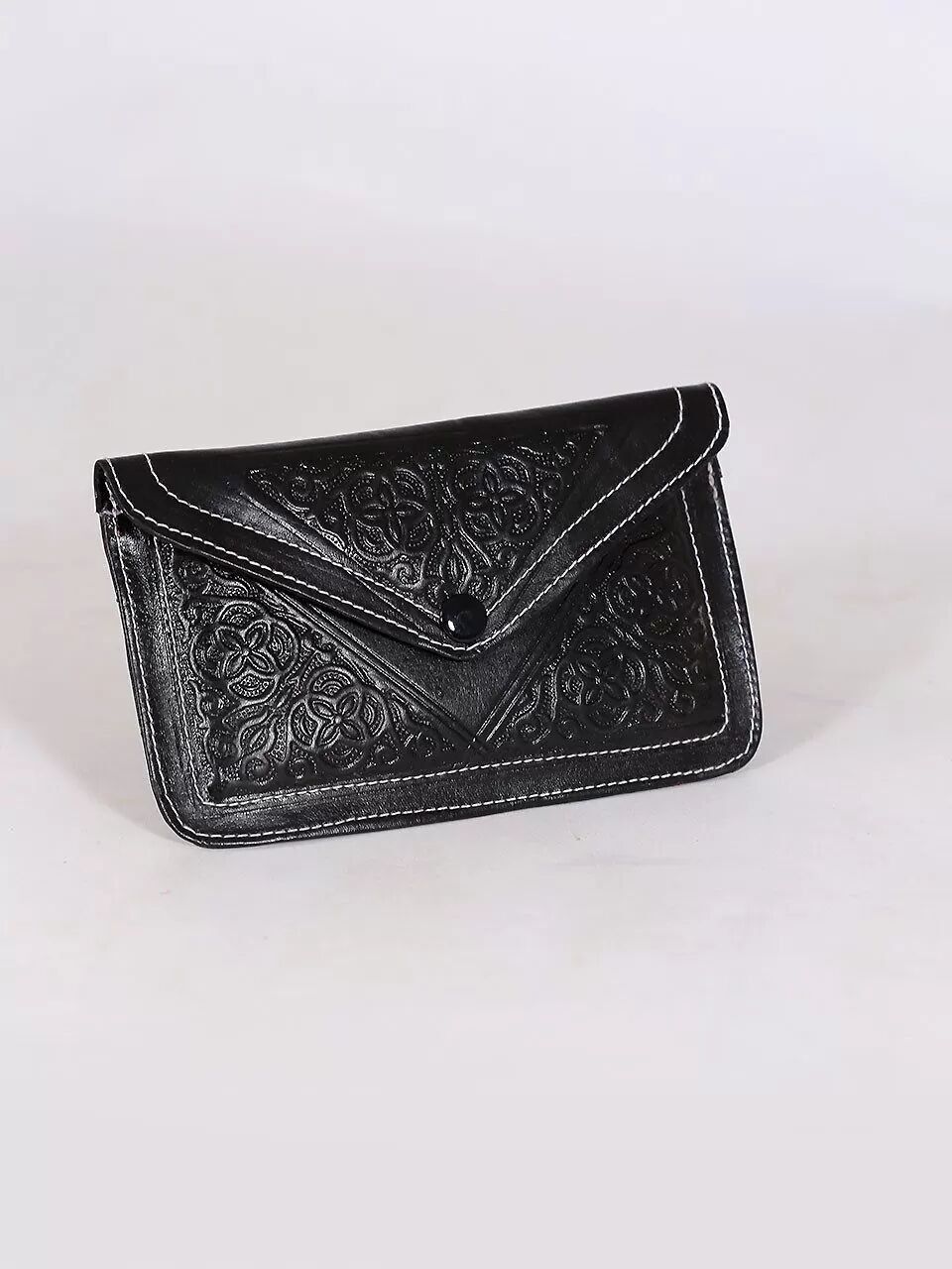 Clutch de piel negra BL - Bolso de mano de piel de oveja con estampado floral en relieve