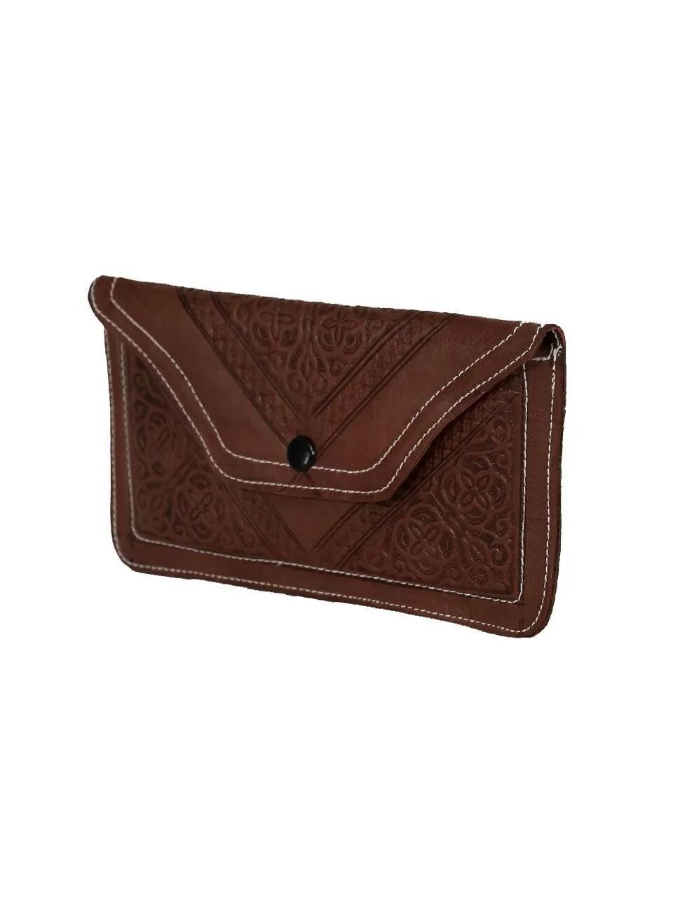 Bolso de mano de piel de oveja color chocolate - Cartera de pulsera con estampado floral en relieve