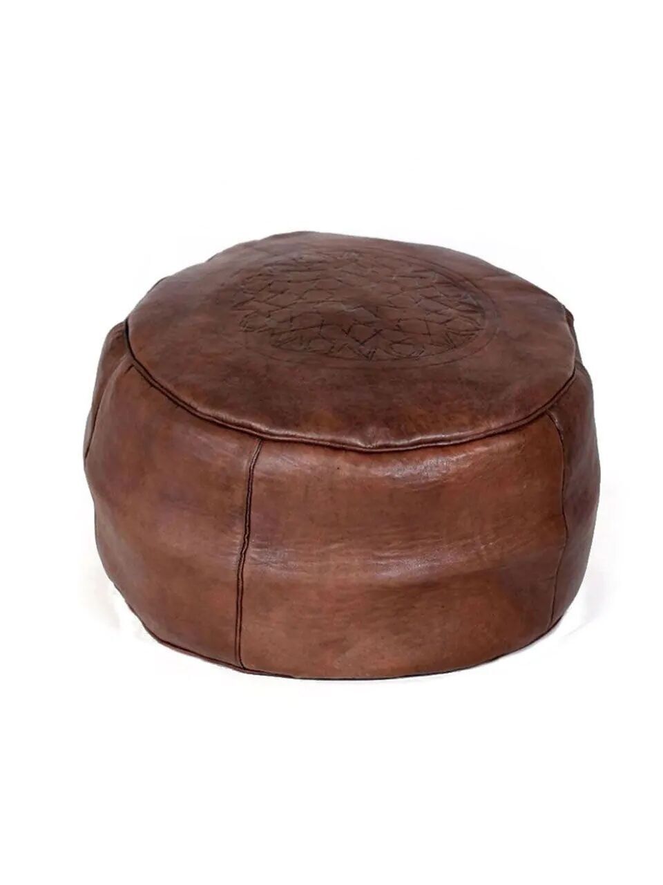 Moroccan Leather Ottoman Pouf - Handcrafted Sheepskin with Geometric Design