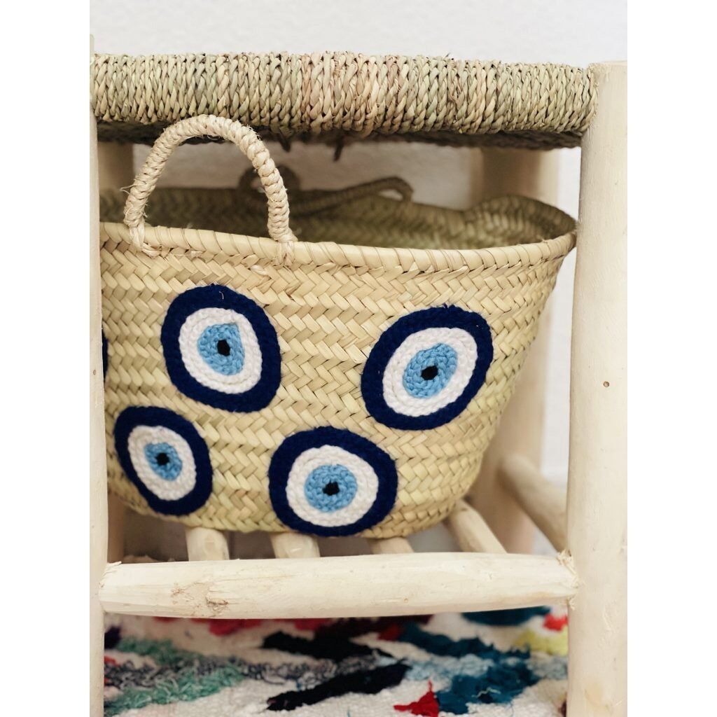 Handwoven Straw Basket with Evil Eye Embroidery – Boho Chic Storage & Decor