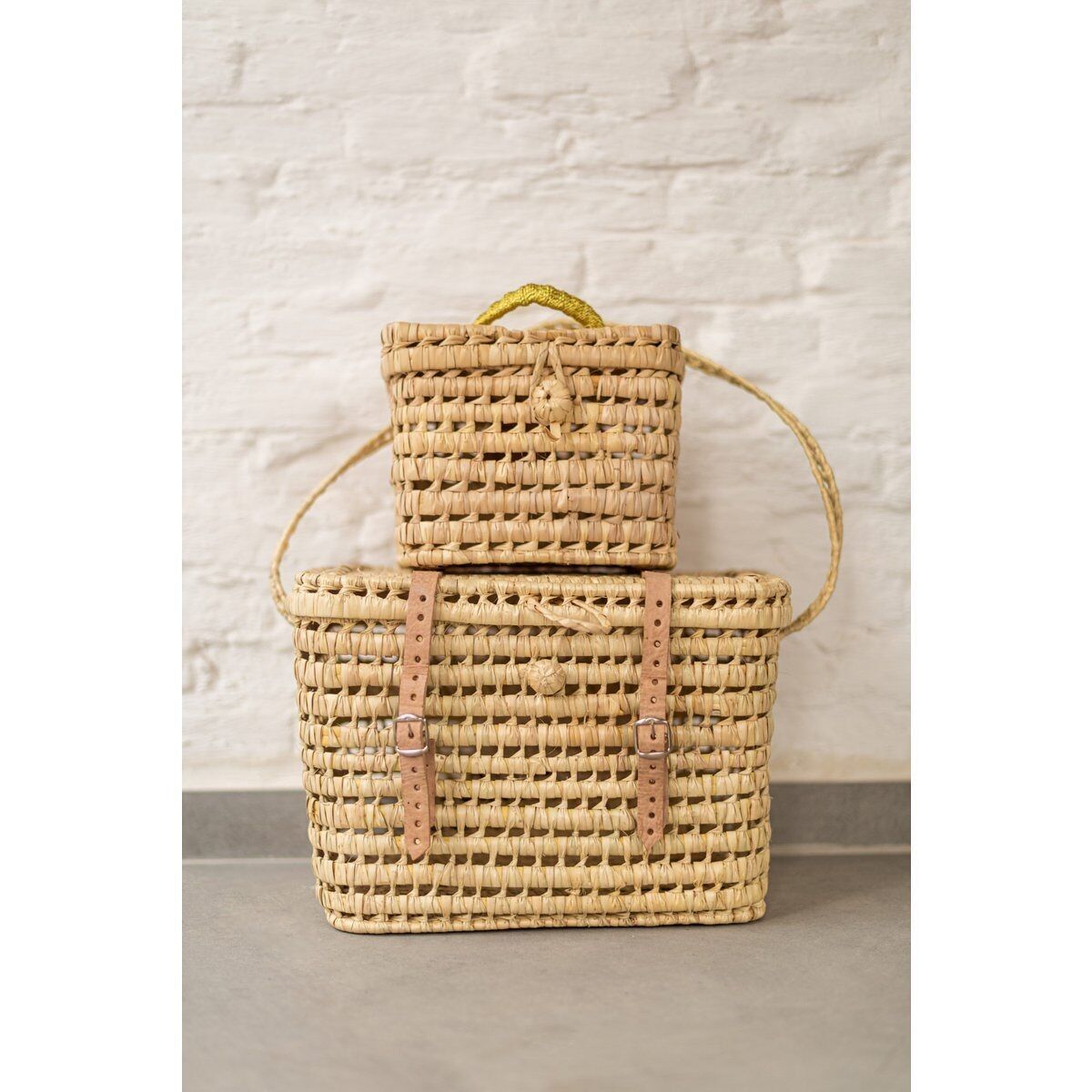 Large Handmade Bicycle Basket – Woven Palm with Leather Stra