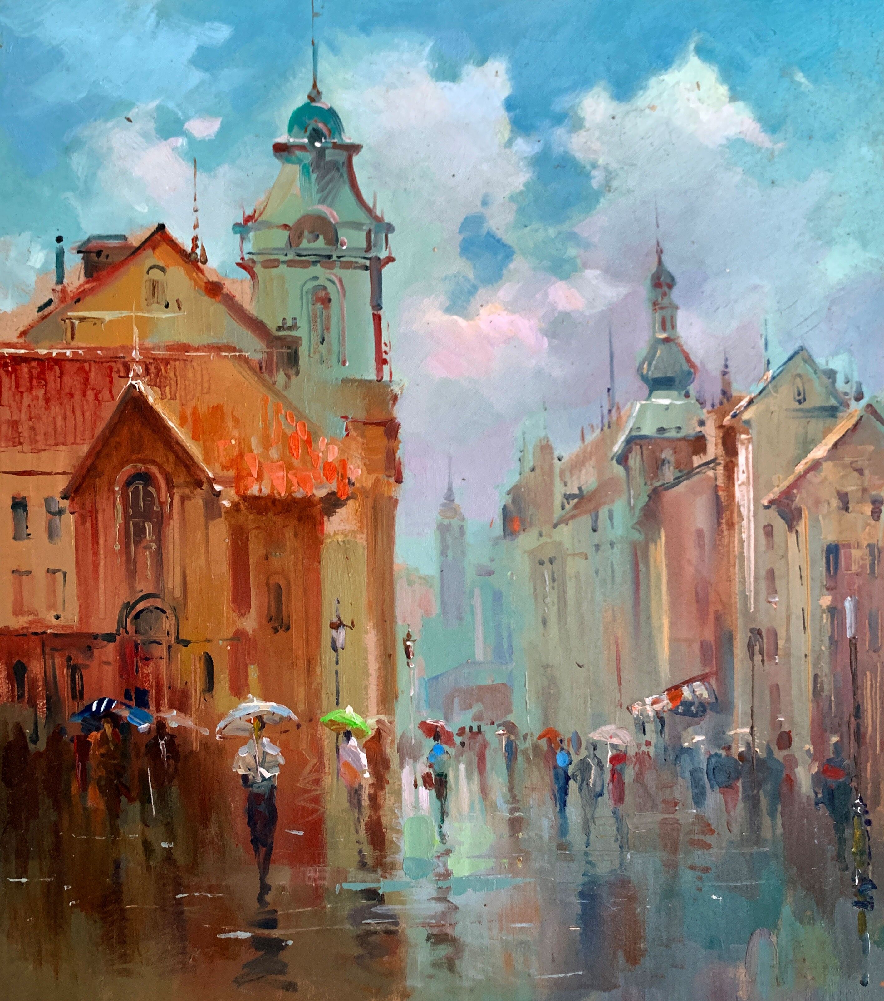 Pintura al óleo Dinámica de la vida urbana Yuriy Suprunchuk 39x35cm