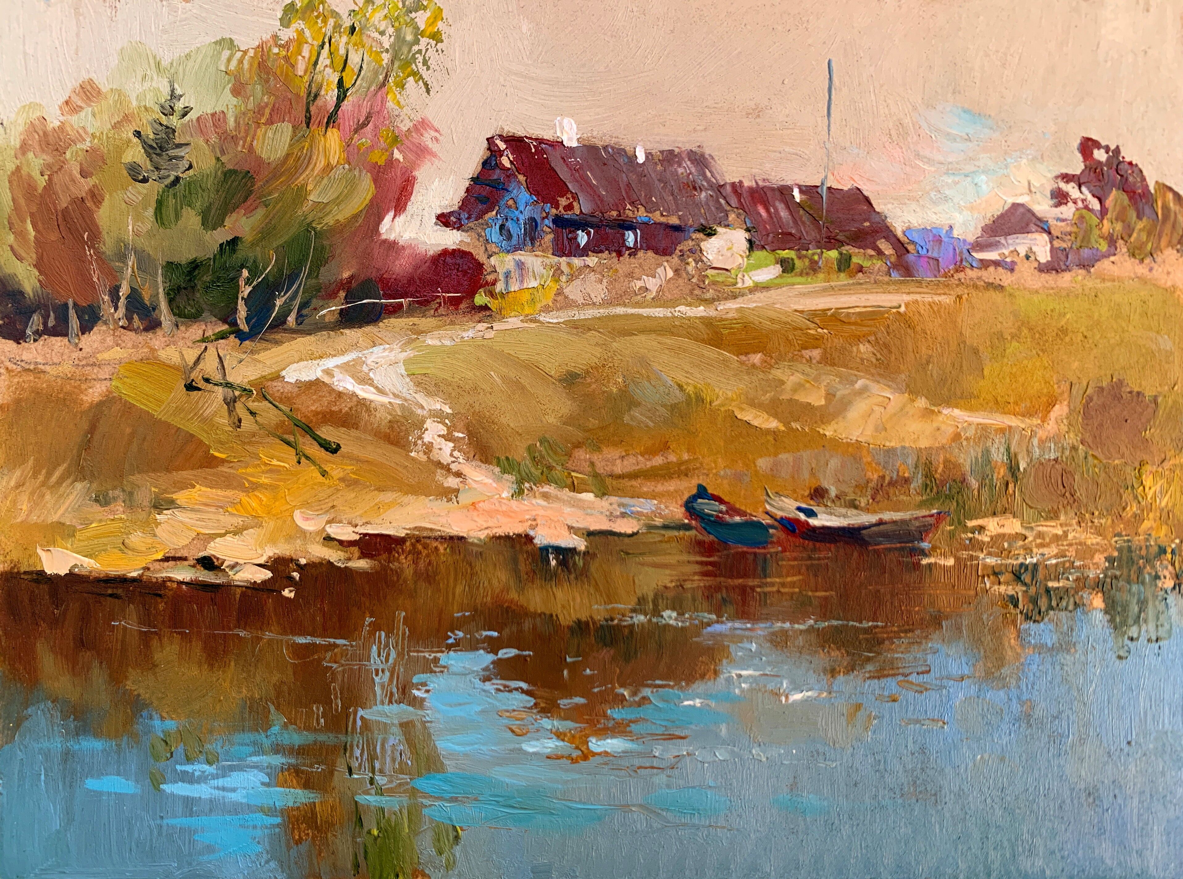 Ölgemälde „Dorfleben“ von Yuriy Suprunchuk, 15 x 20 cm