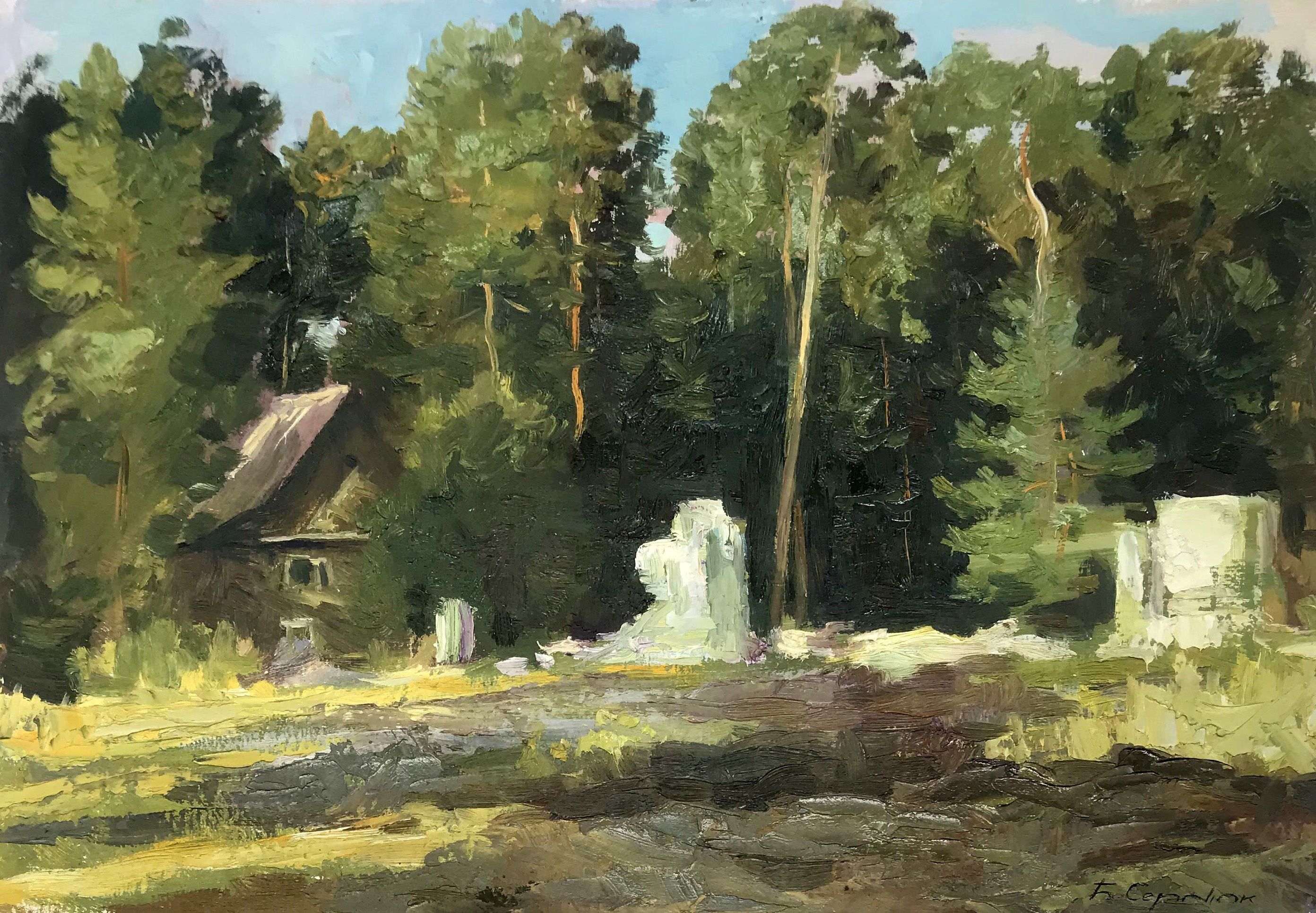 Ölgemälde „Haus im Wald“, Boris Serdyuk, 34 x 49 cm