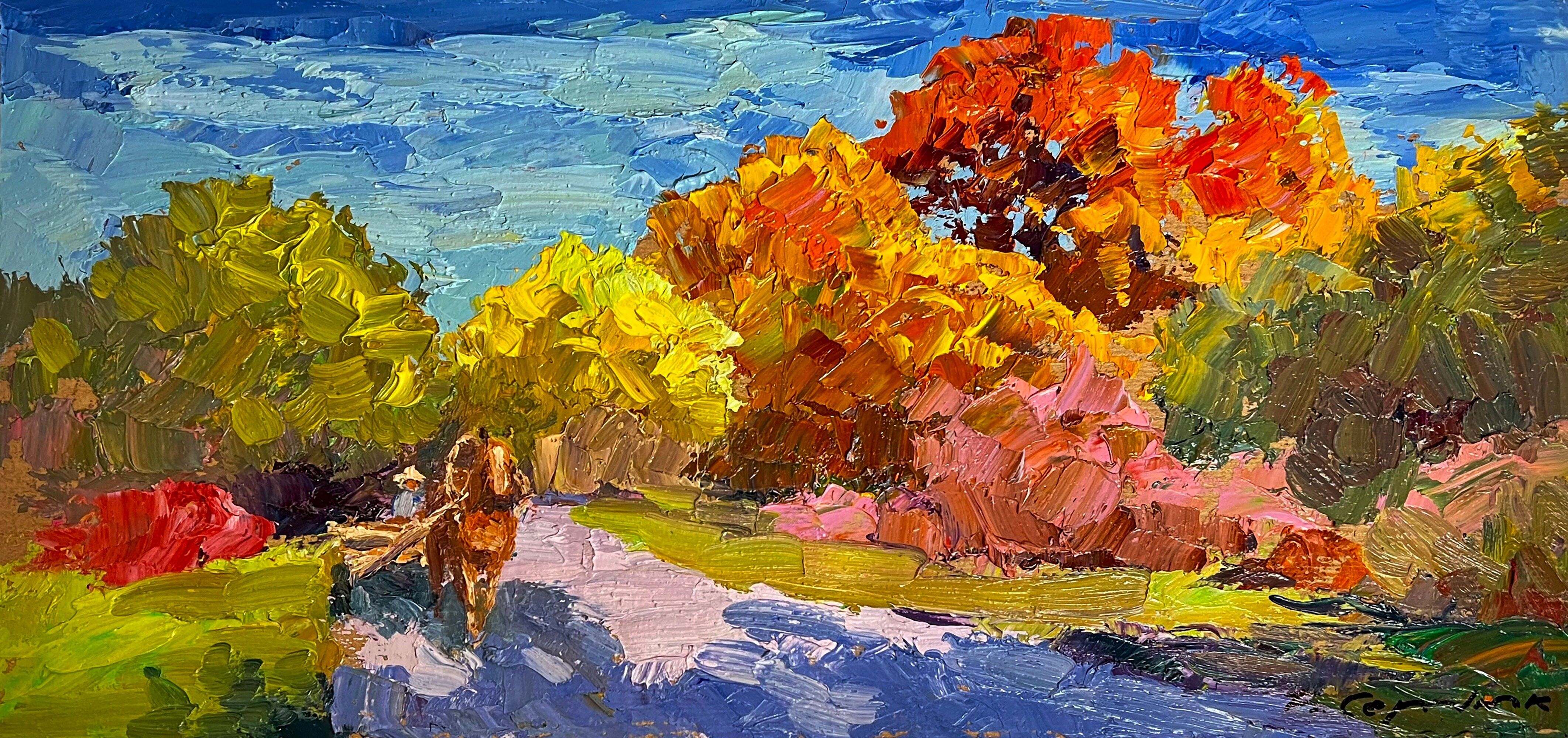 Ölgemälde „Goldener Herbst“ von Boris Serdyuk, 20 x 43 cm