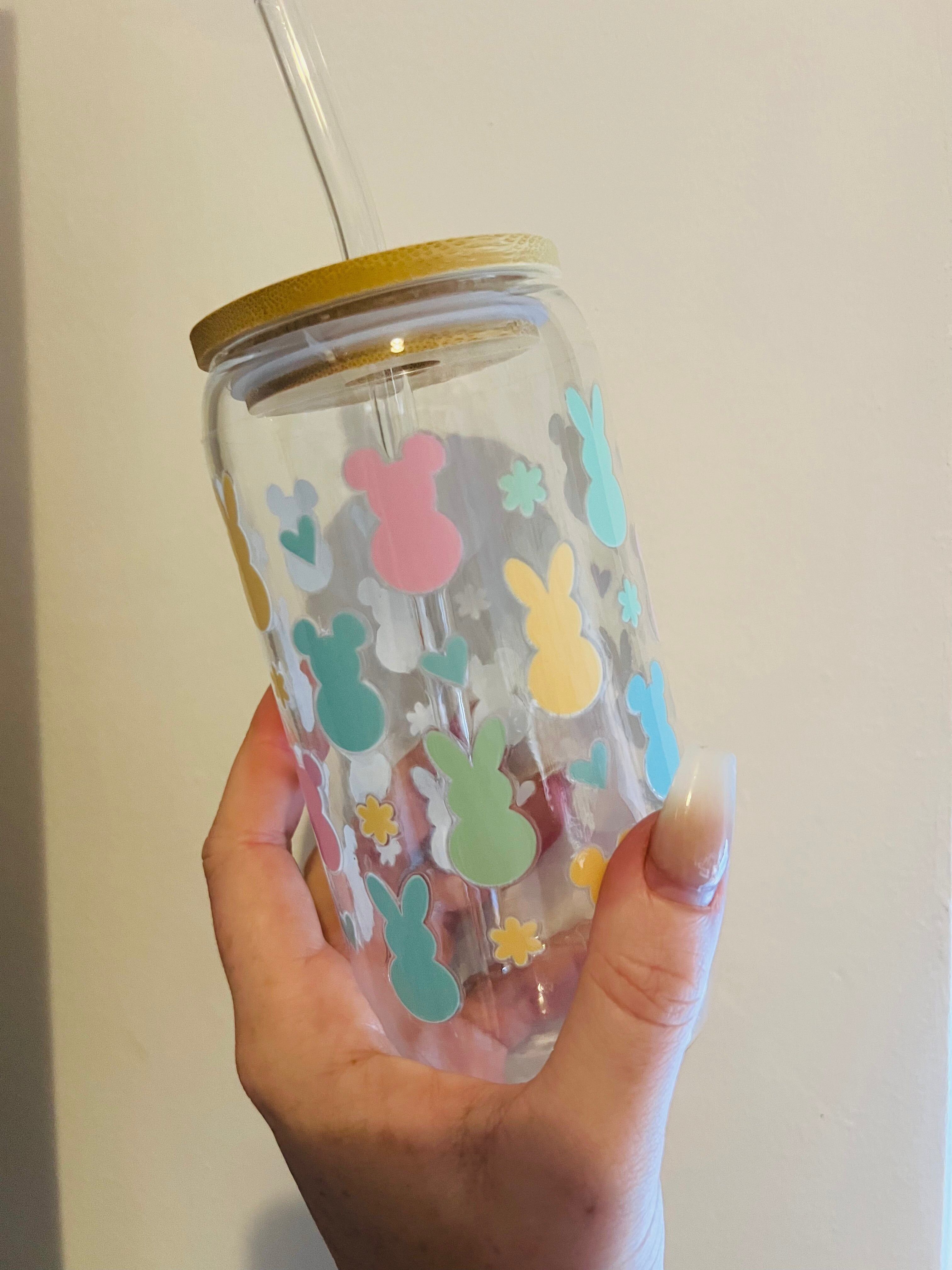 Spring / Easter glass cups with bamboo lid & glass straw