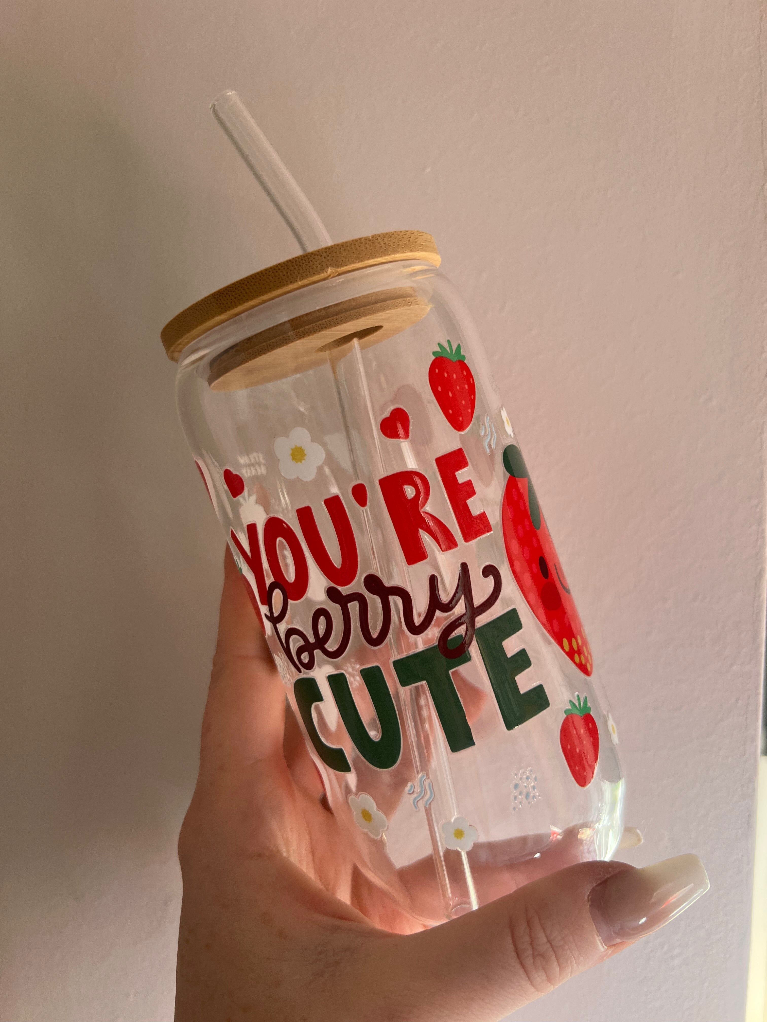 „Du bist echt süß“-Glasbecher mit Bambusdeckel und Glasstrohhalm
