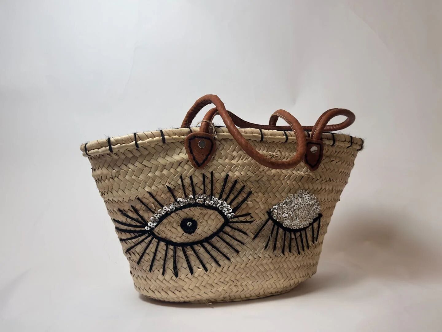 Bolso de playa de paja "Ojos de Marrakech" - Mini bolso marroquí
