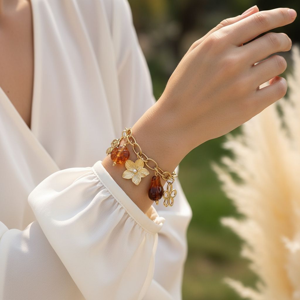 Gold chain bracelet with amber resin charms and a large flower