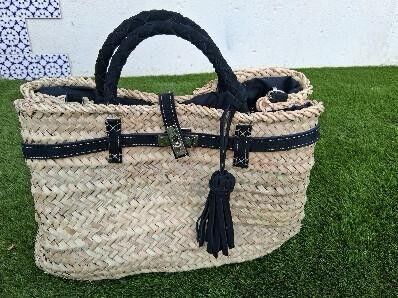 Noa Basket Talla L - Bolso grande de mercado de ante y rafia negro